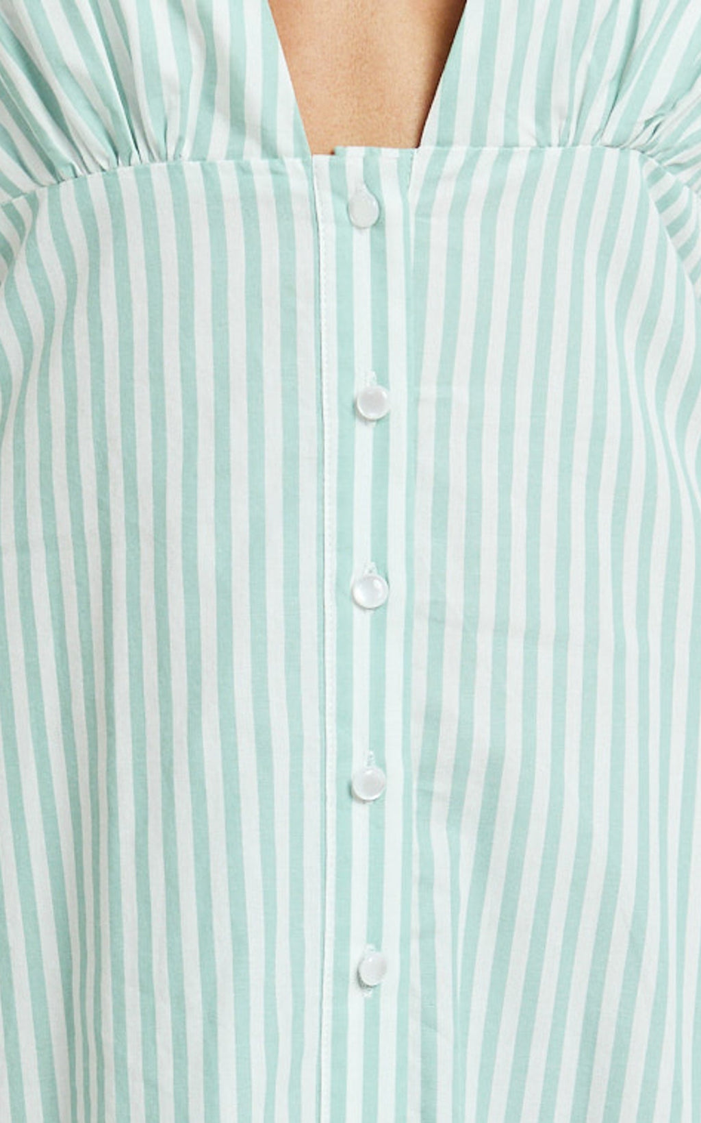 Jeienn Midi Dress - Ruched Shoulder Bodice A Line Placket Front Skirt Dress in Mint Stripe