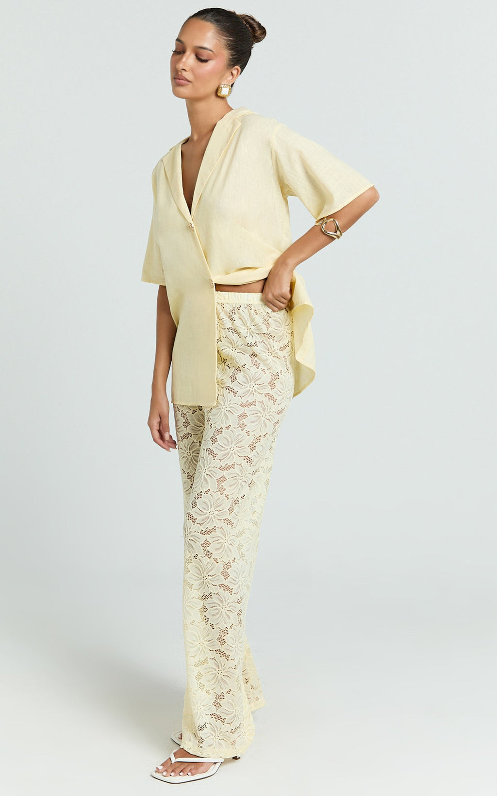 Jemma Two Piece Set - Relaxed Shirt and Lace Pants Set in Butter Yellow