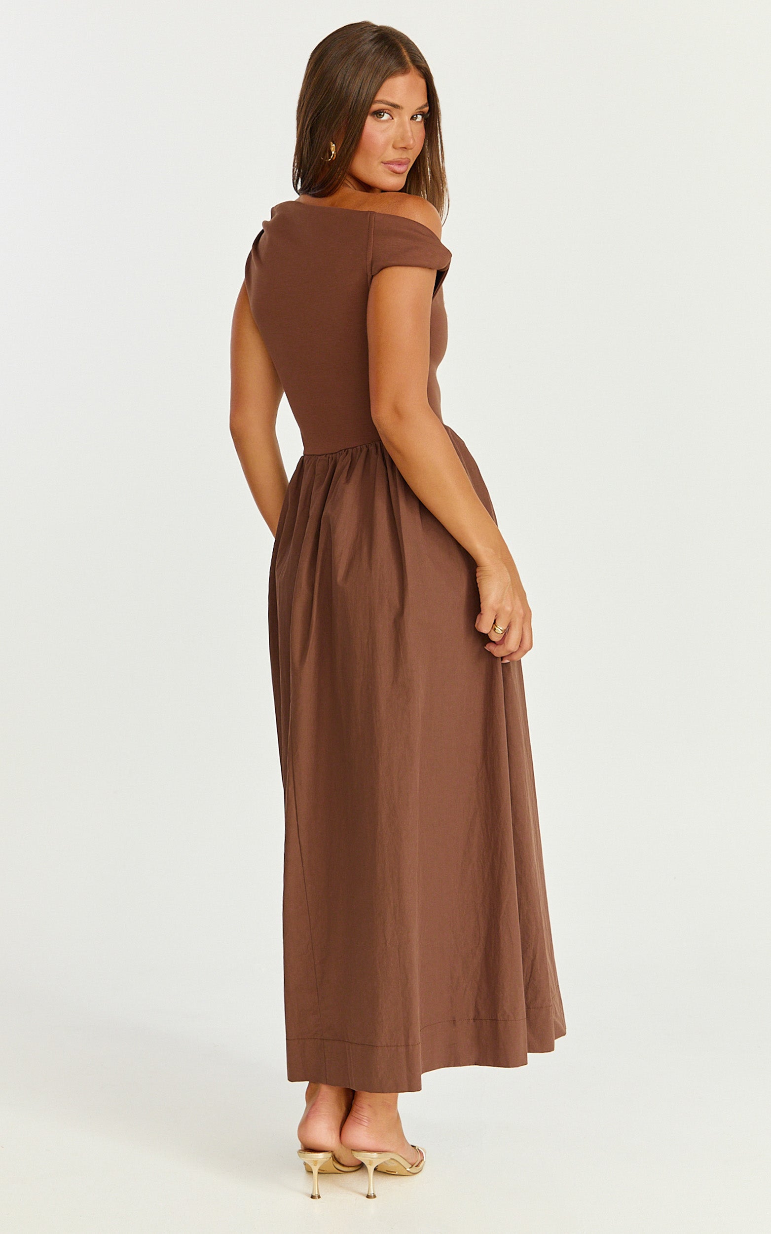 Jhamie Midi Dress - One Shoulder Contrast Skirt Dress in Chocolate