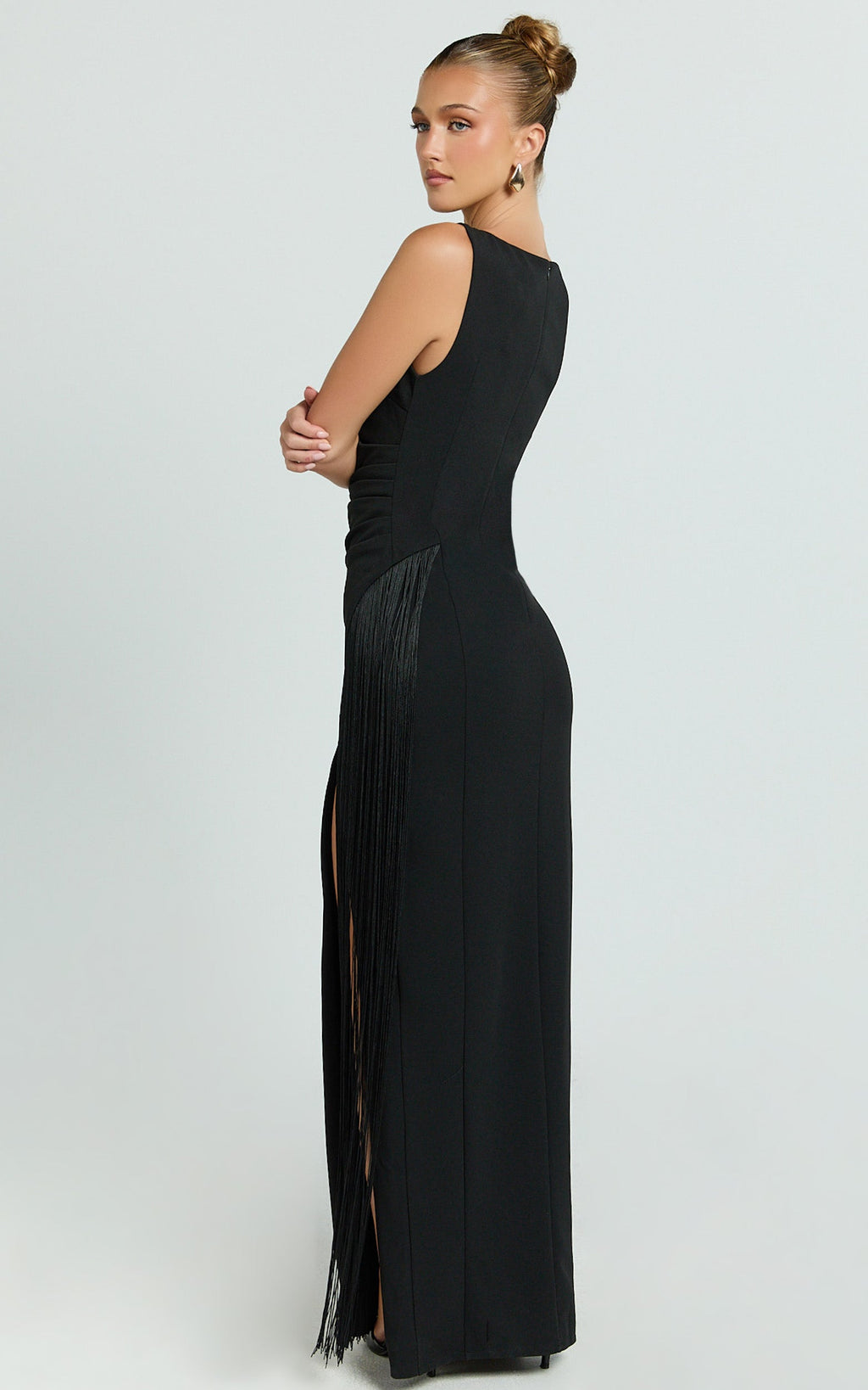 Joanne Maxi Dress - Scoop Neck Fringe Dress in Black