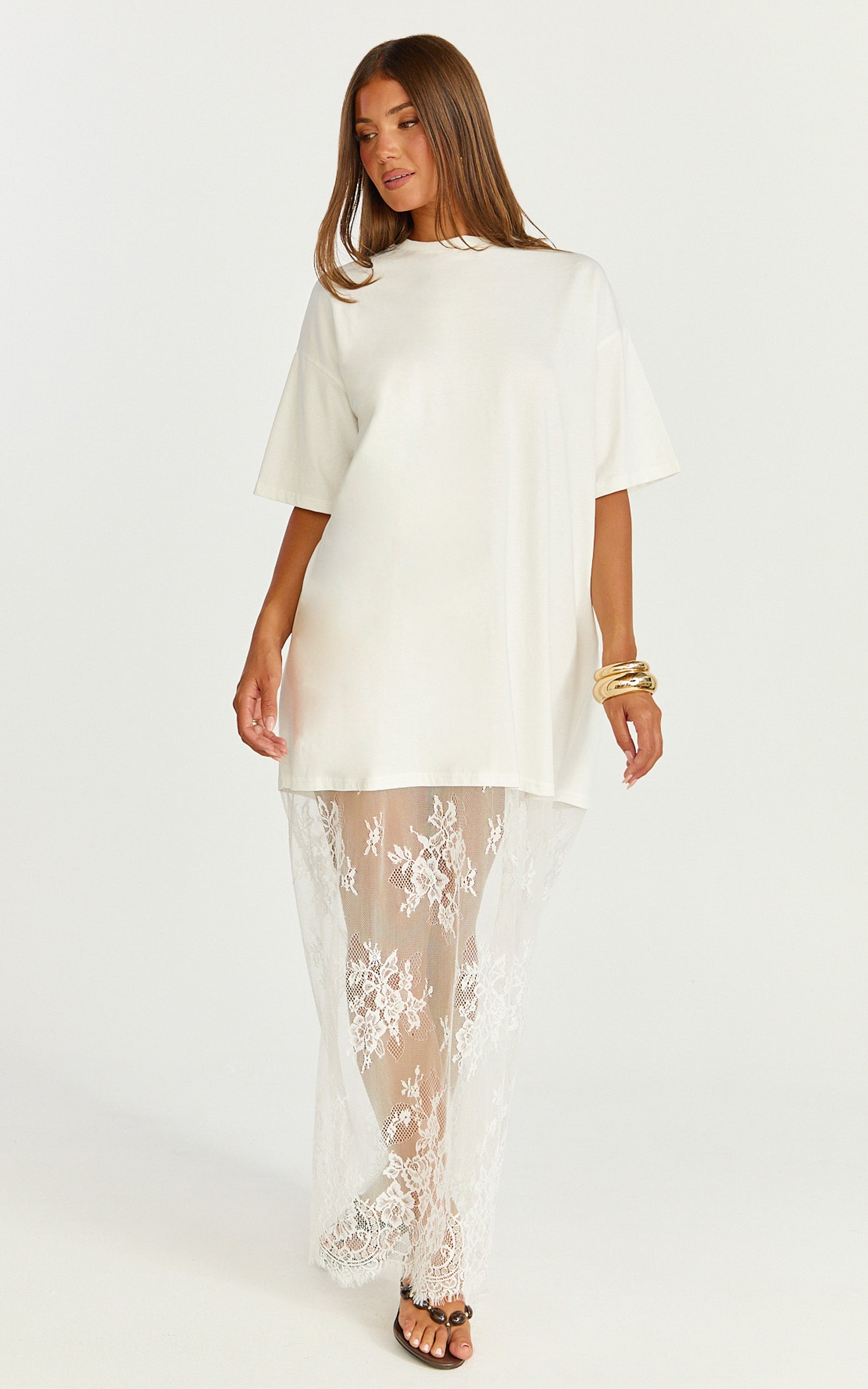 Jonna Midi Dress - Longline Lace Insert Tee in Off White