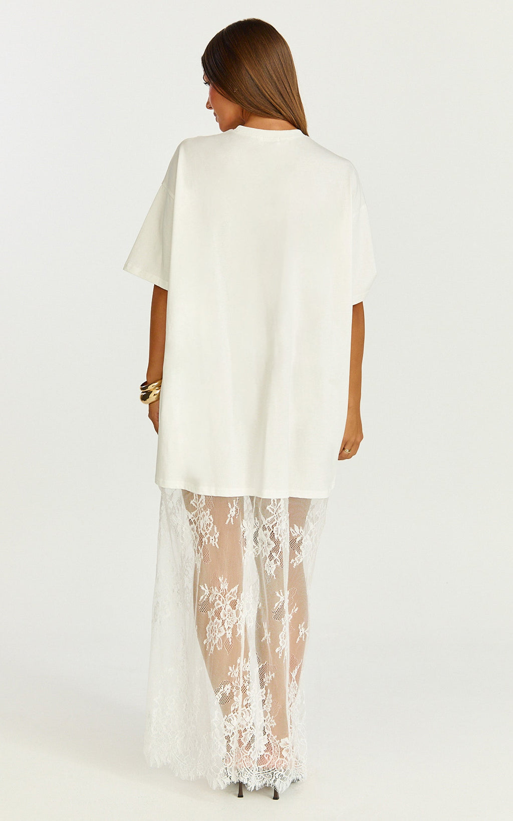 Jonna Midi Dress - Longline Lace Insert Tee in Off White