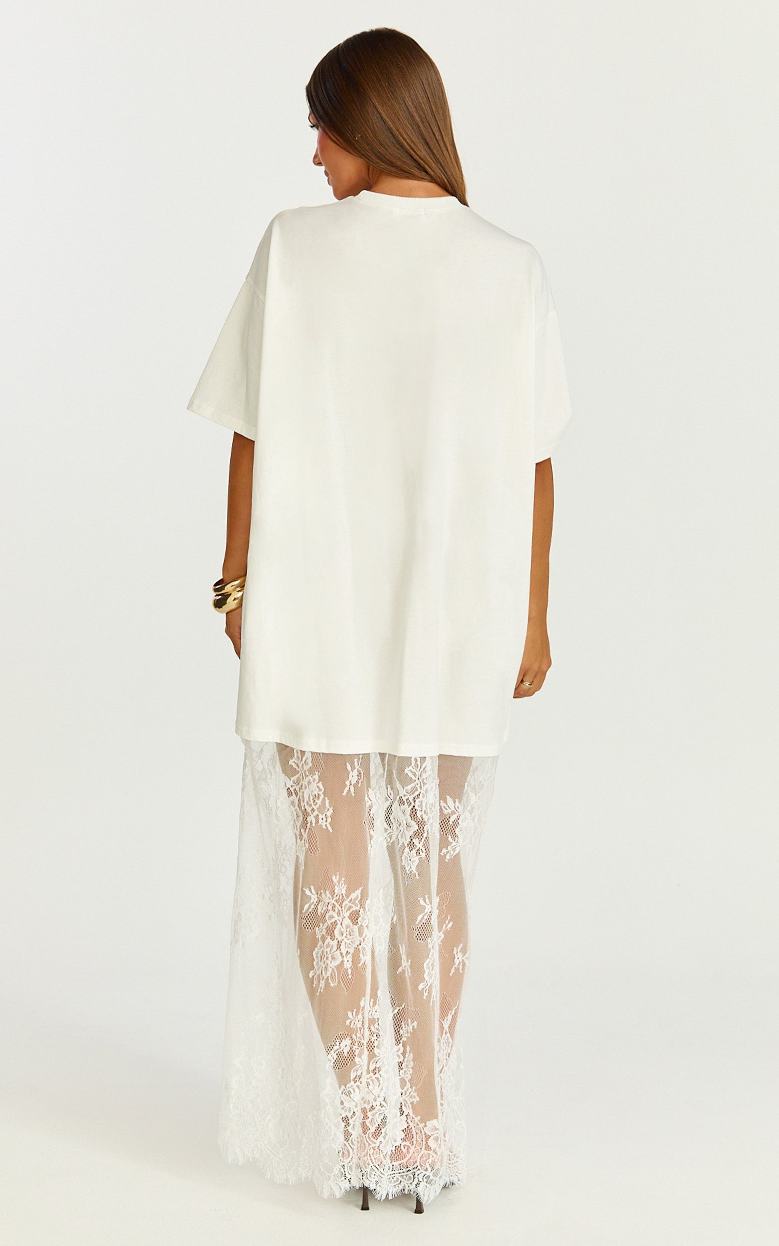 Jonna Midi Dress - Longline Lace Insert Tee in Off White