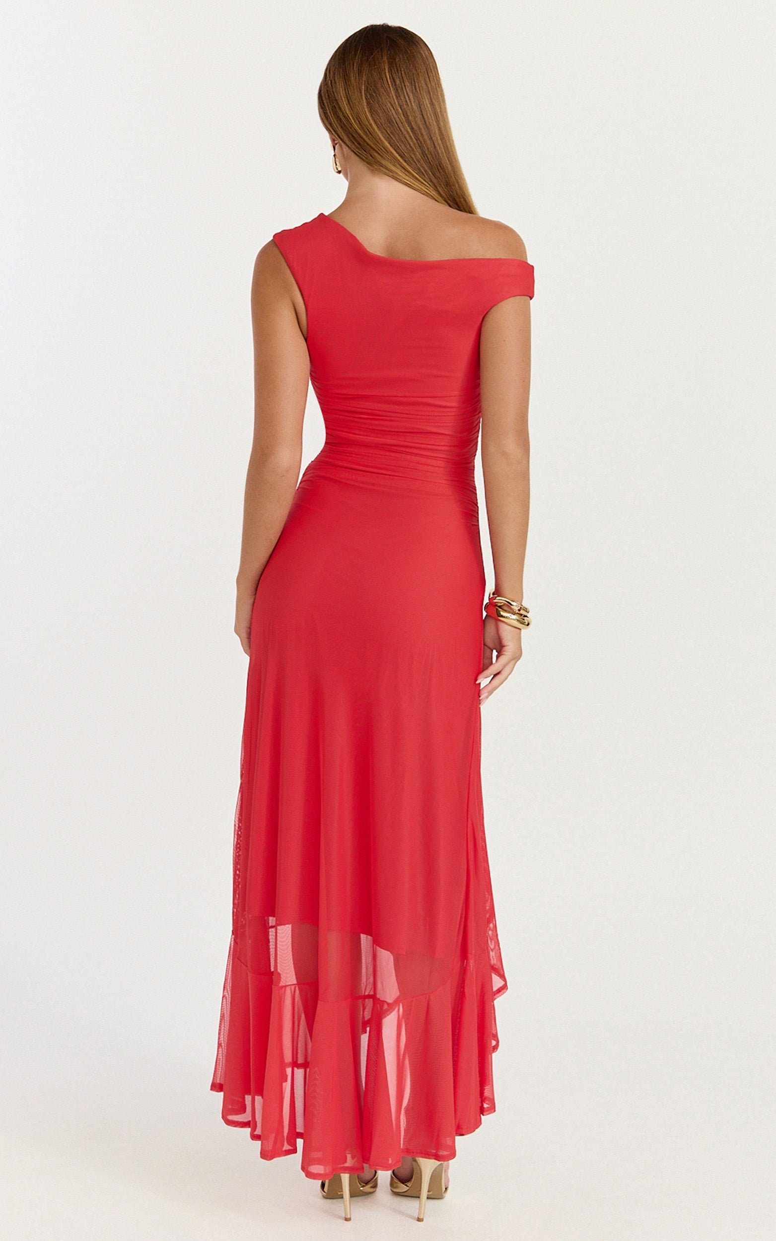 Judee Midi Dress - One Shoulder High Side Split Dress in Red