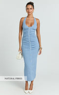 Julie Midi Dress - Halter Neck Button Front Dress in Blue