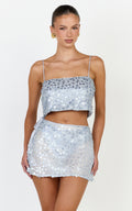 Kai Two Piece Top and Skirt Set - Sequin Crop Top and Wrap Tie Side Mini Skirt in Light Blue