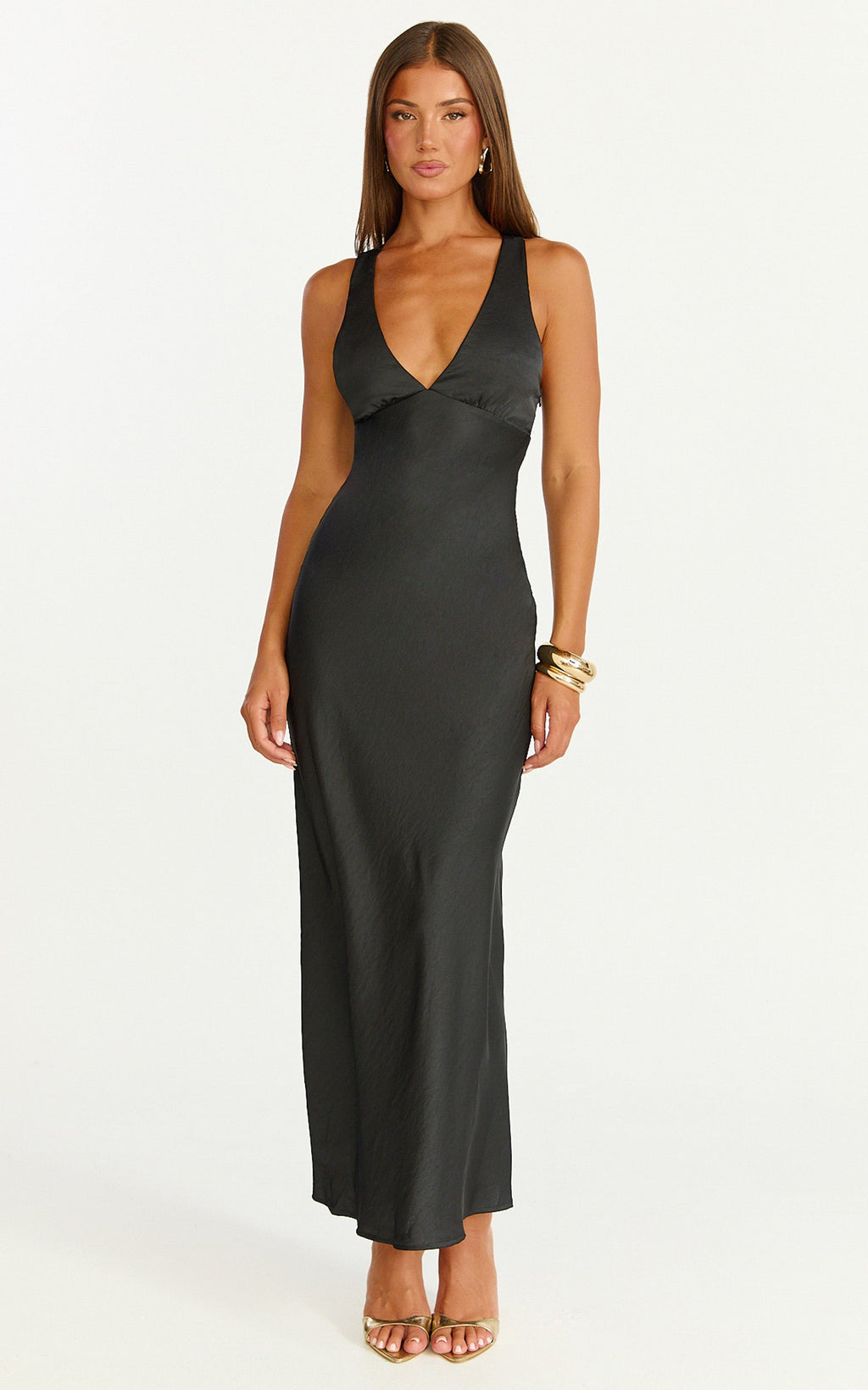Khalani Maxi Dress - Deep V Neck Satin Slip Dress in Black
