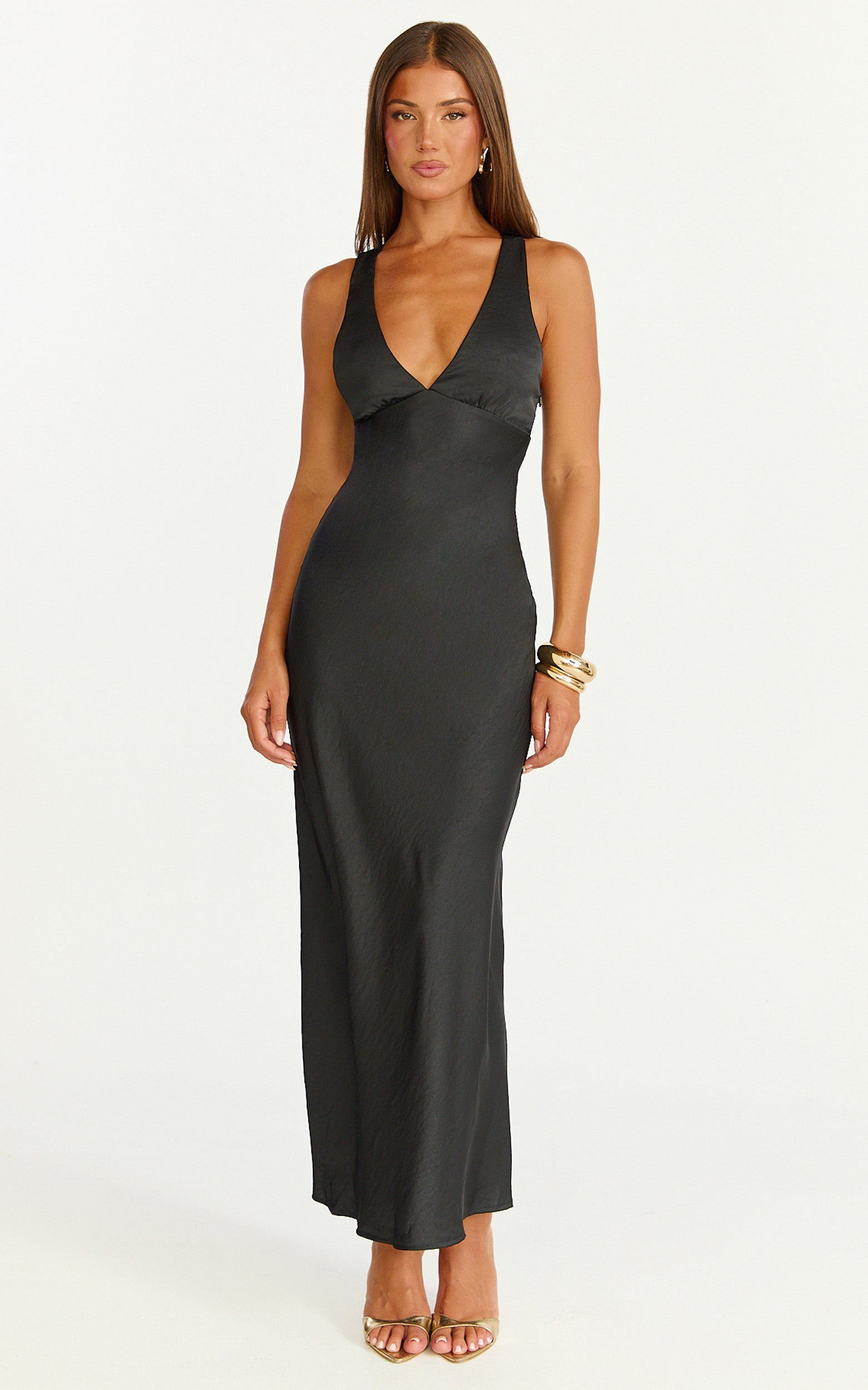 Khalani Maxi Dress - Deep V Neck Satin Slip Dress in Black