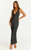 Khalani Maxi Dress - Deep V Neck Satin Slip Dress in Black