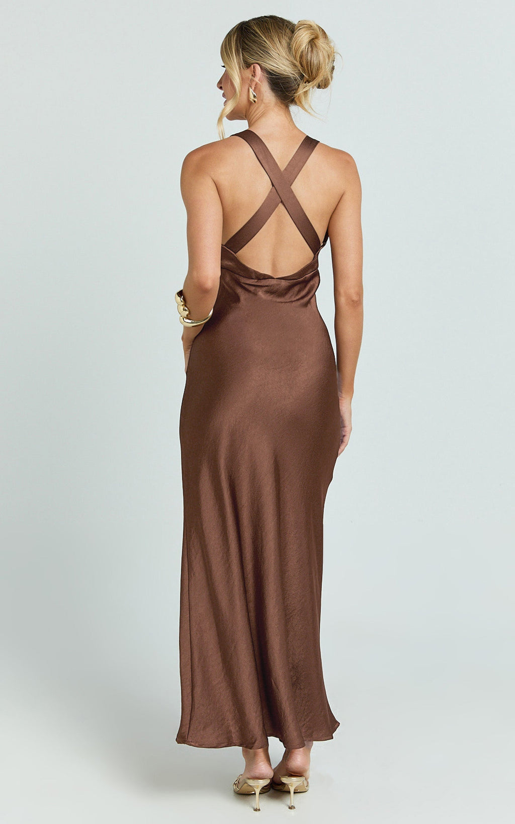 Khalani Maxi Dress - Deep V Neck Satin Slip Dress in Chocolate