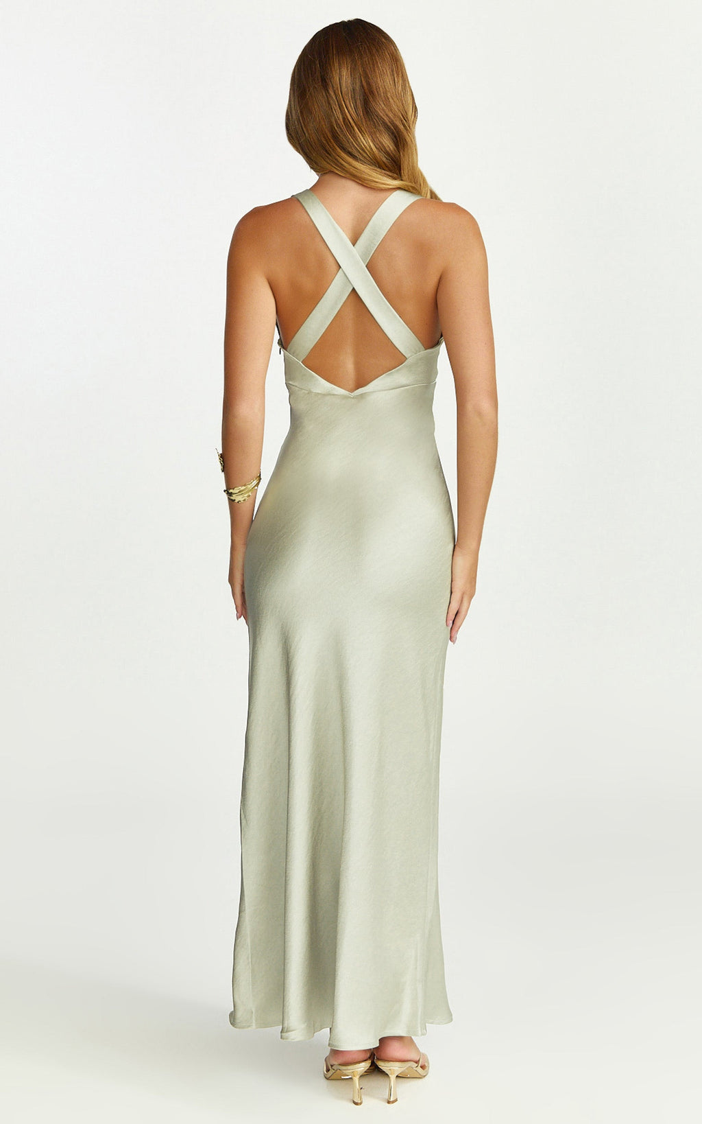 Khalani Maxi Dress - Deep V Neck Satin Slip Dress in Light Olive