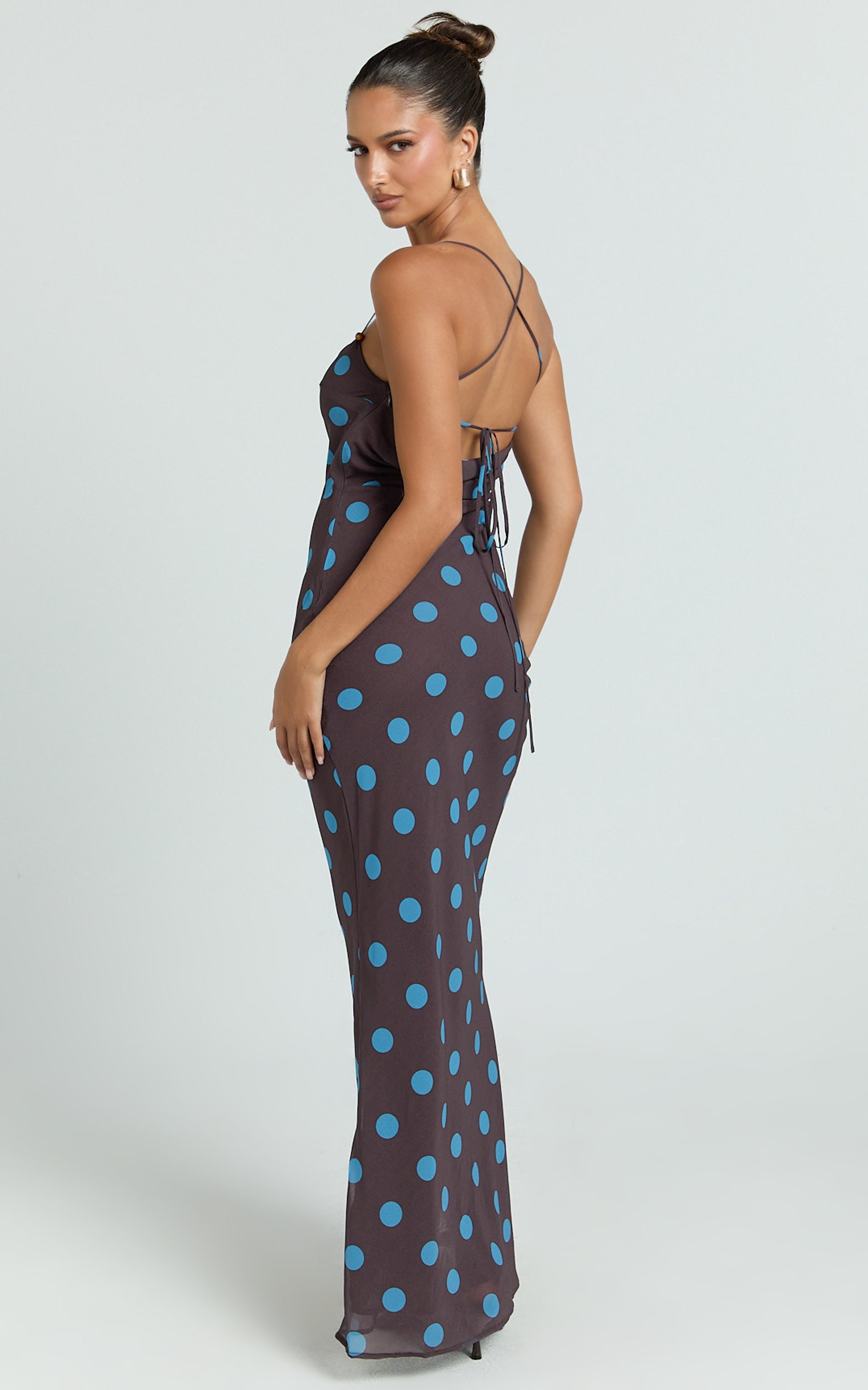 Krishna Maxi Dress - Strappy Scoop Neck Floral Placement Print Georgette Dress in Polka Dot Print
