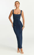 Kristie Midi Dress - Wide Neck Corset Detail Denim Dress in Dark Blue