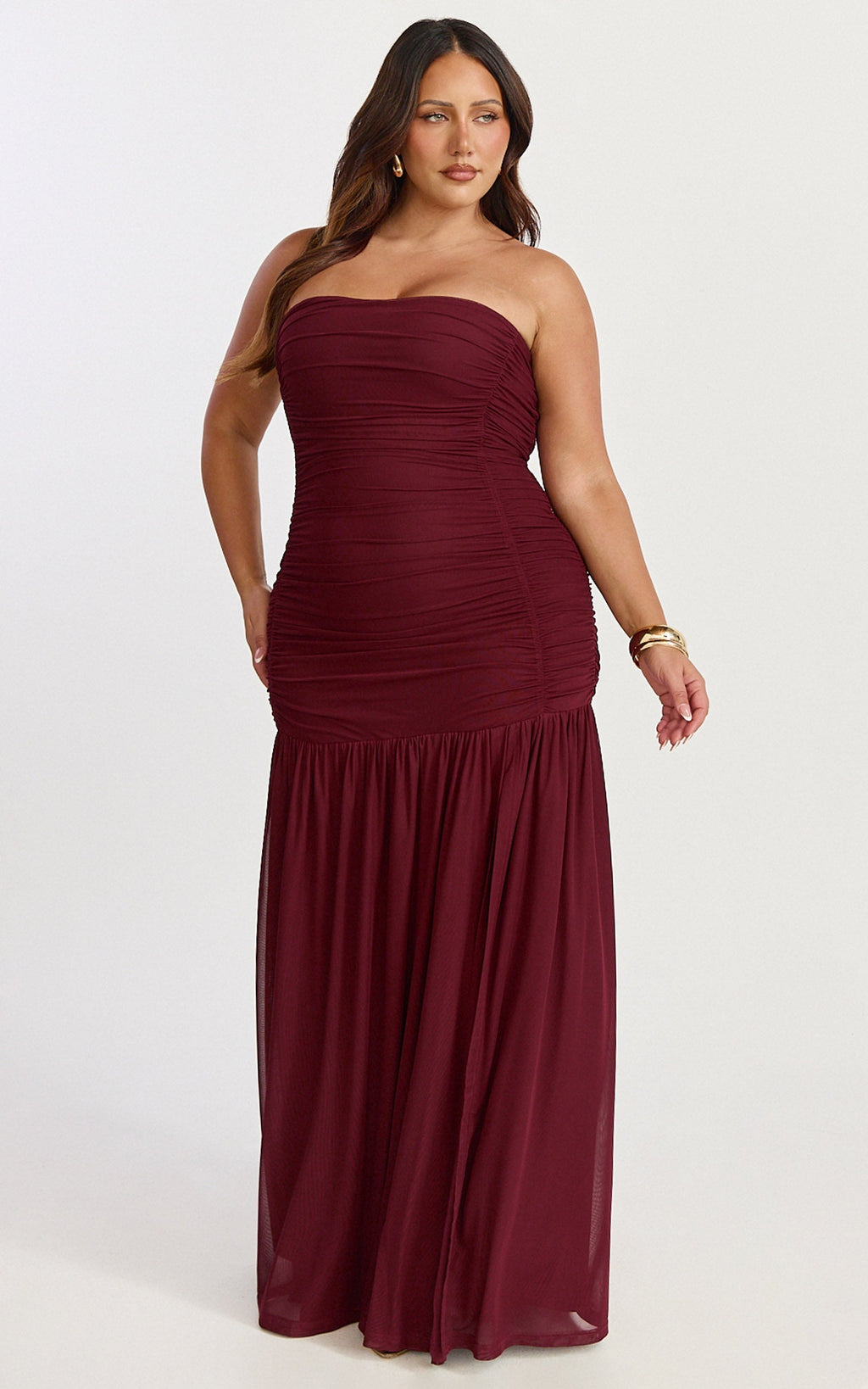 Lara Maxi Dress - Strapless Ruched Mesh High Leg Split Dress in Wine
