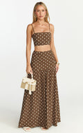 Leighton Two Piece Top and Skirt Set - Crop Top  And Maxi Skirt in Choc/Cream Polka Dot