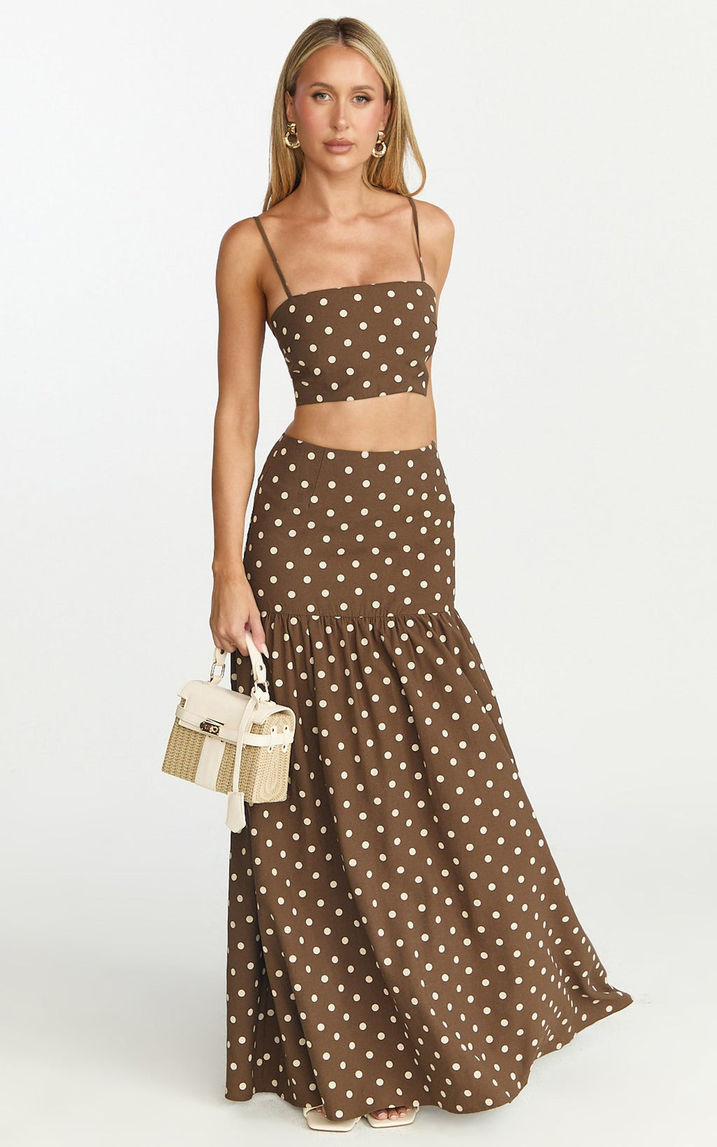 Leighton Two Piece Top and Skirt Set - Crop Top  And Maxi Skirt in Choc/Cream Polka Dot