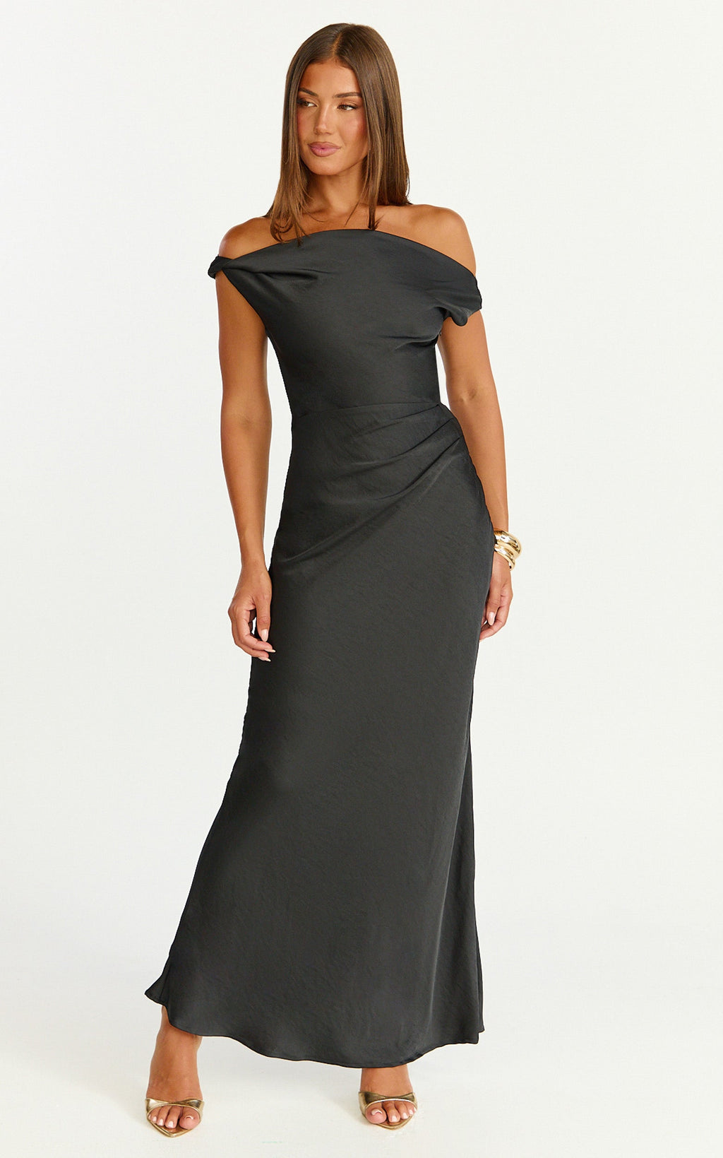 Lira Maxi Dress - One Shoulder Satin Dress in Black