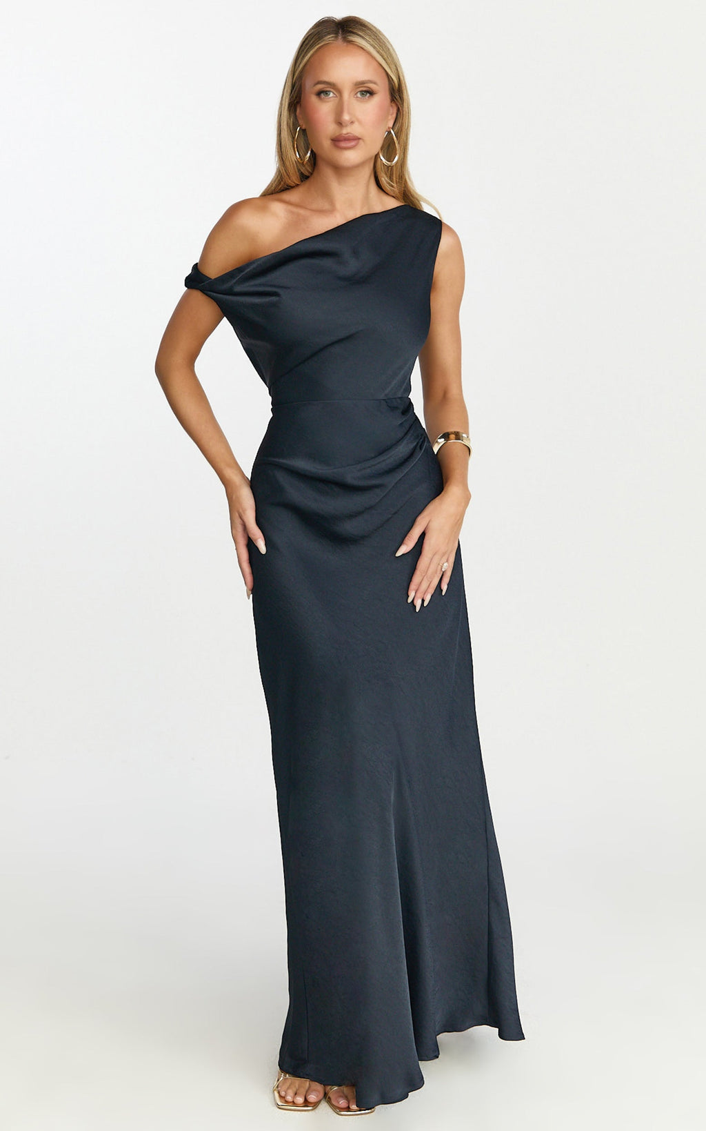 Lira Maxi Dress - One Shoulder Satin Dress in Navy