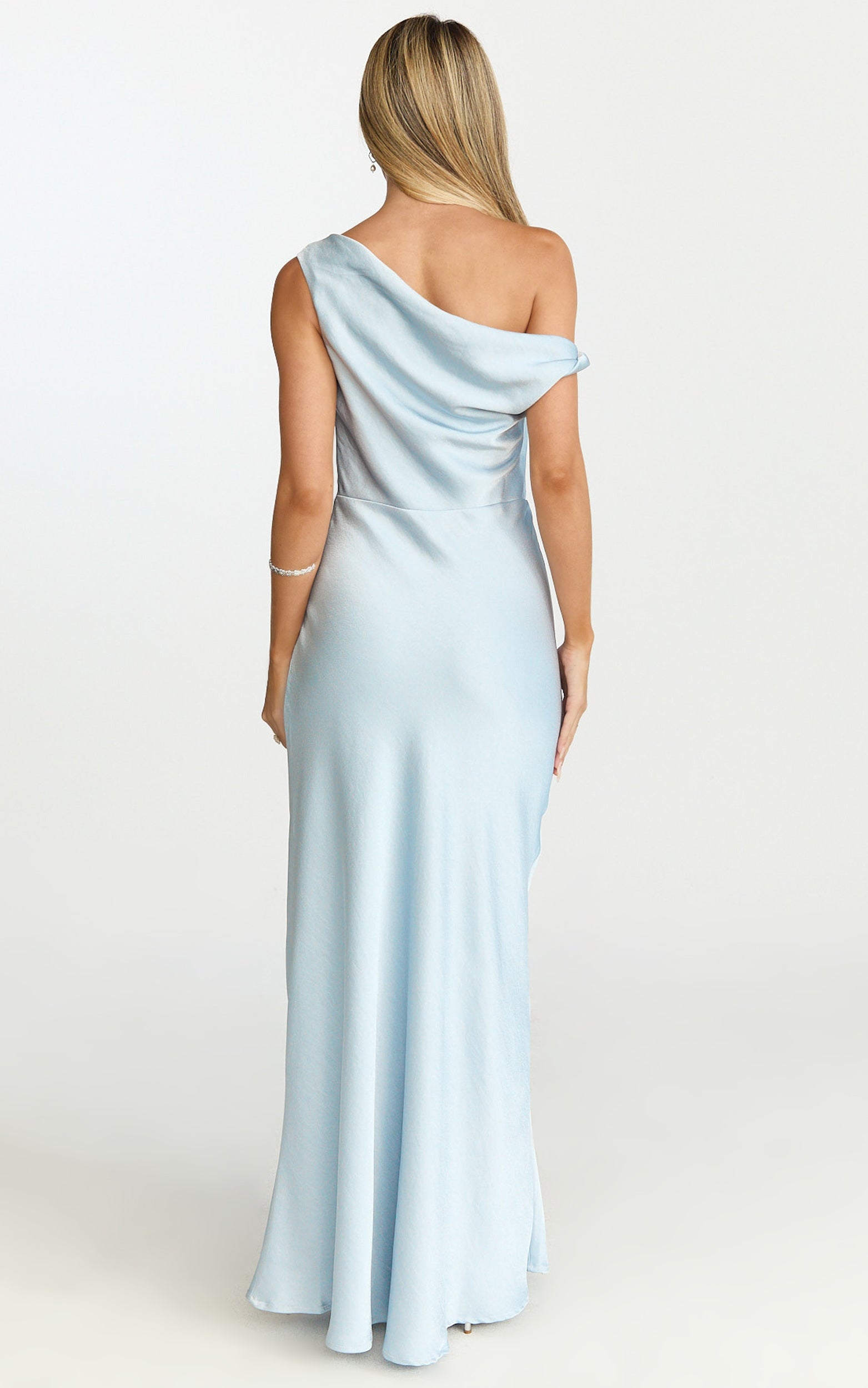 Lira Maxi Dress - One Shoulder Satin Dress in Pale Blue