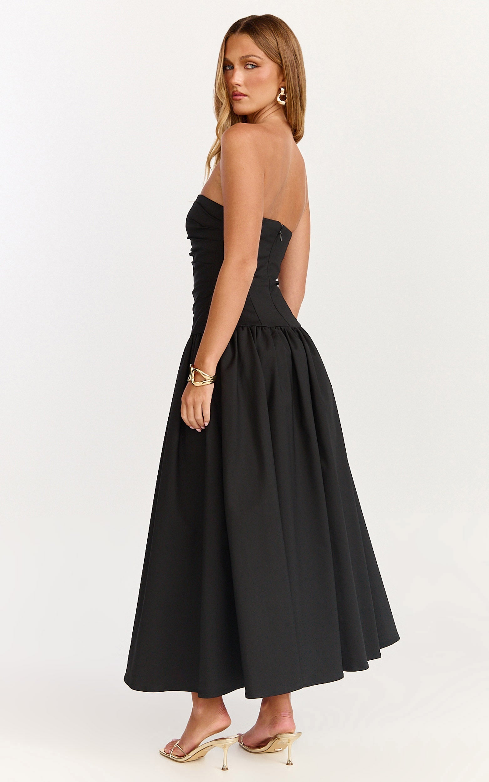 Louisa Midi Dress - Strapless Side Ruched Dropped Waist Fit And Flare Dress in Black