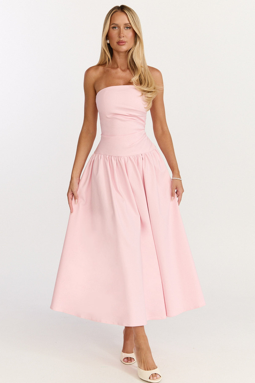 Louisa Midi Dress - Strapless Side Ruched Dropped Waist Fit And Flare Dress in Pink