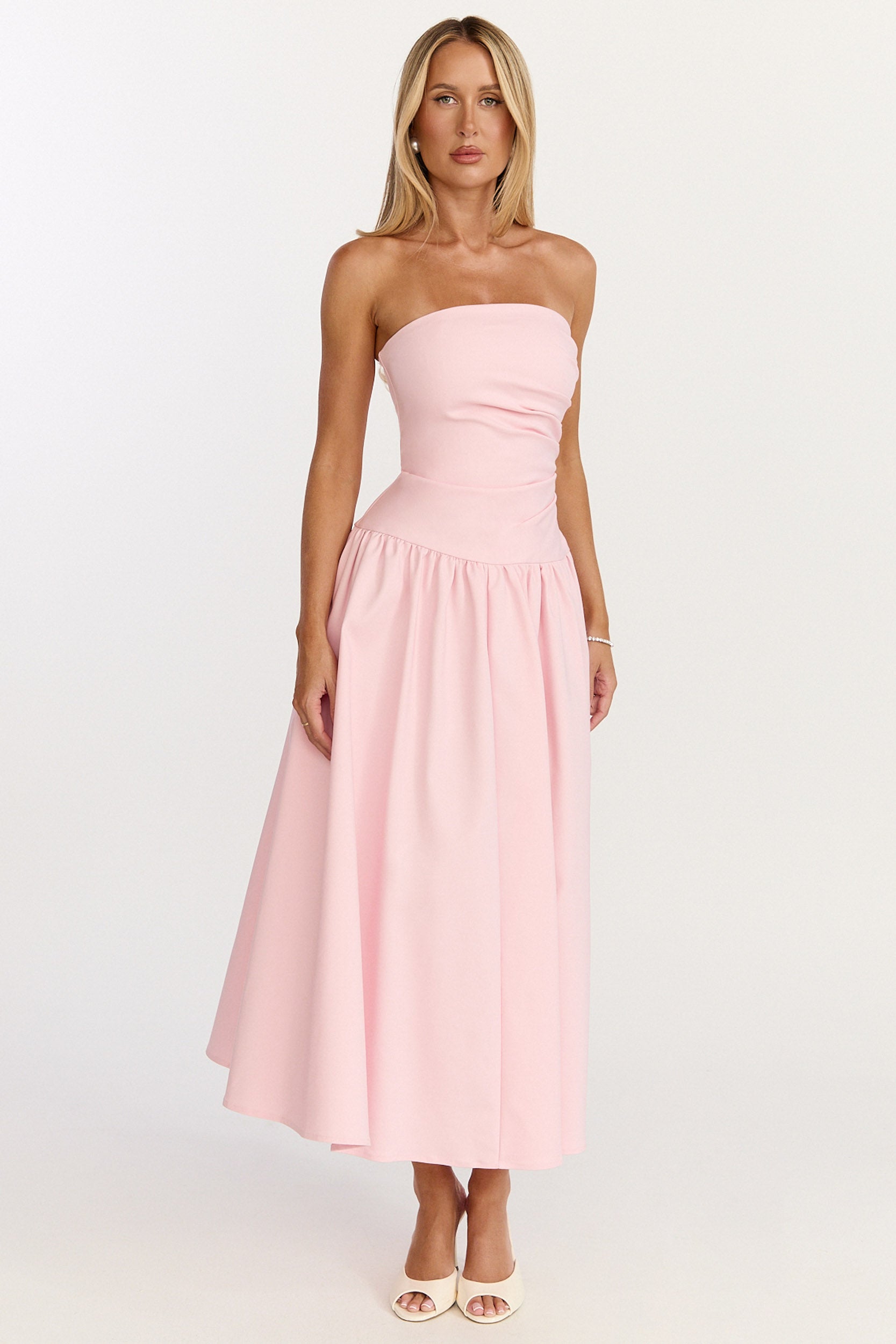 Louisa Midi Dress - Strapless Side Ruched Dropped Waist Fit And Flare Dress in Pink