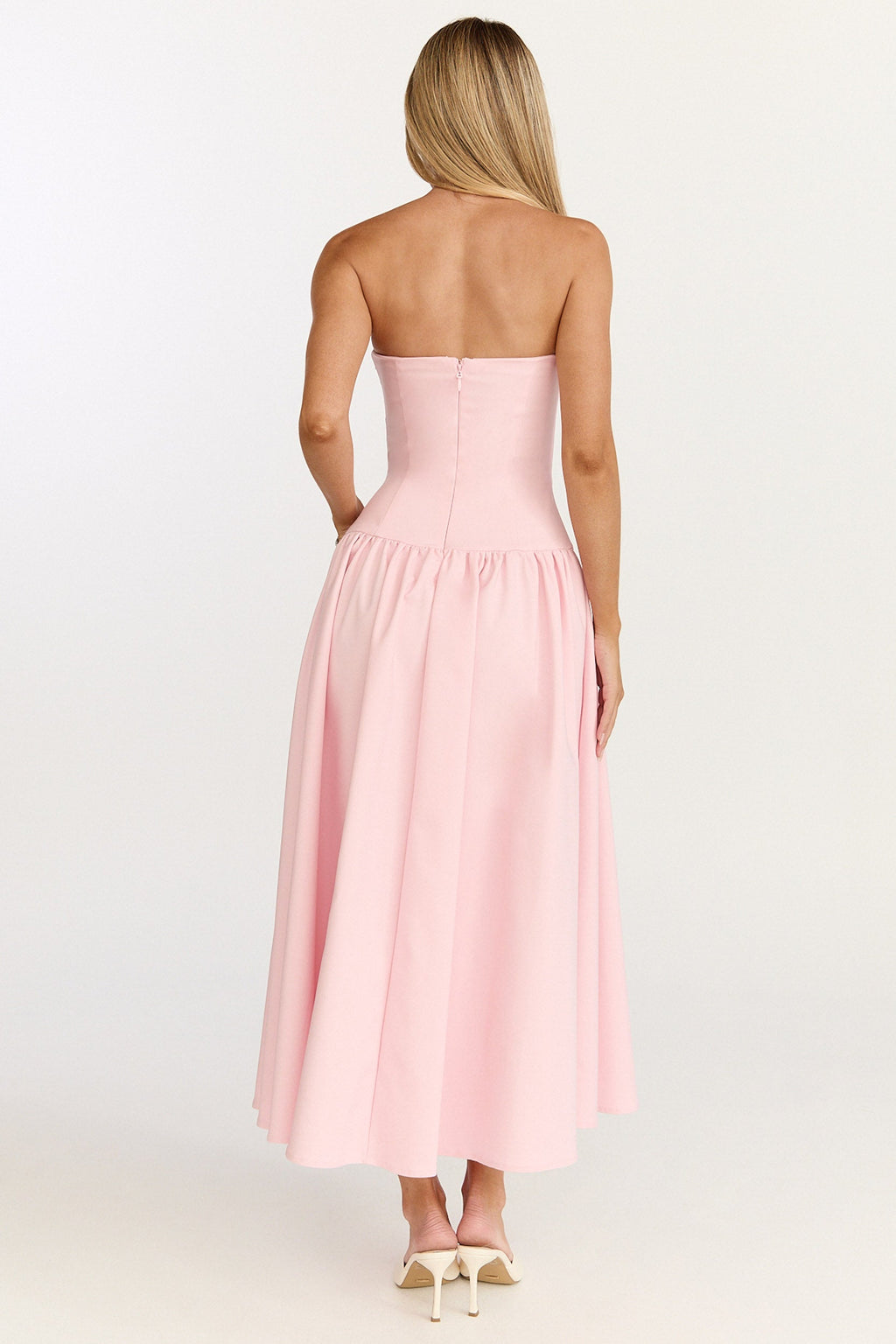 Louisa Midi Dress - Strapless Side Ruched Dropped Waist Fit And Flare Dress in Pink