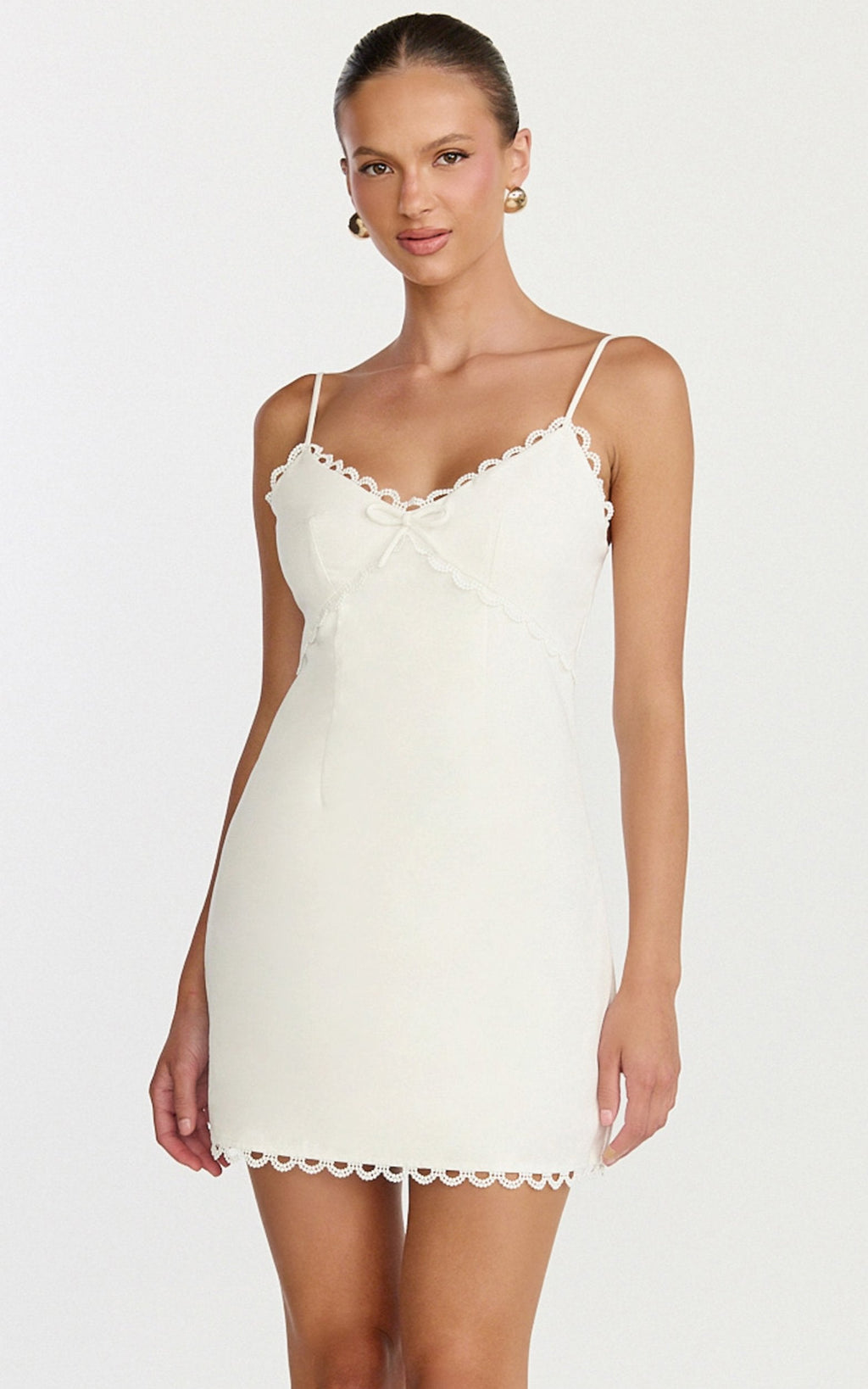 Loya Mini Dress - Scallop Lace Trim Mini Dress in Off White