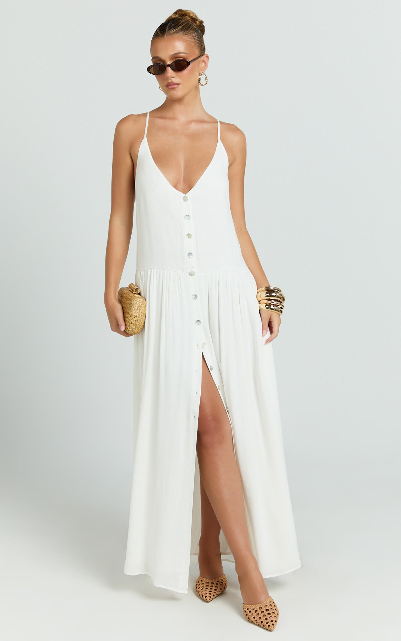 Lucille Maxi Dress - Button Down Front Split Maxi Dress in Off White