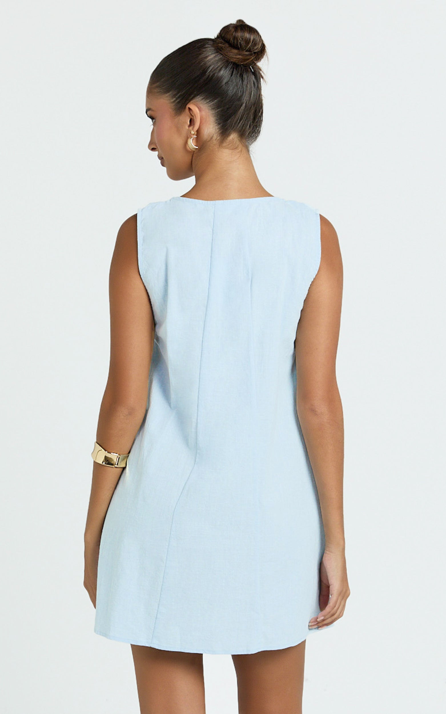 Lucinda Mini Dress - Deep U Gathered Neck Smock Dress in Pale Blue