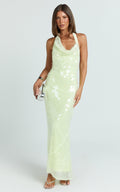 Lucy Maxi Dress - Sequin Cowl Neckline Dress in Citrus