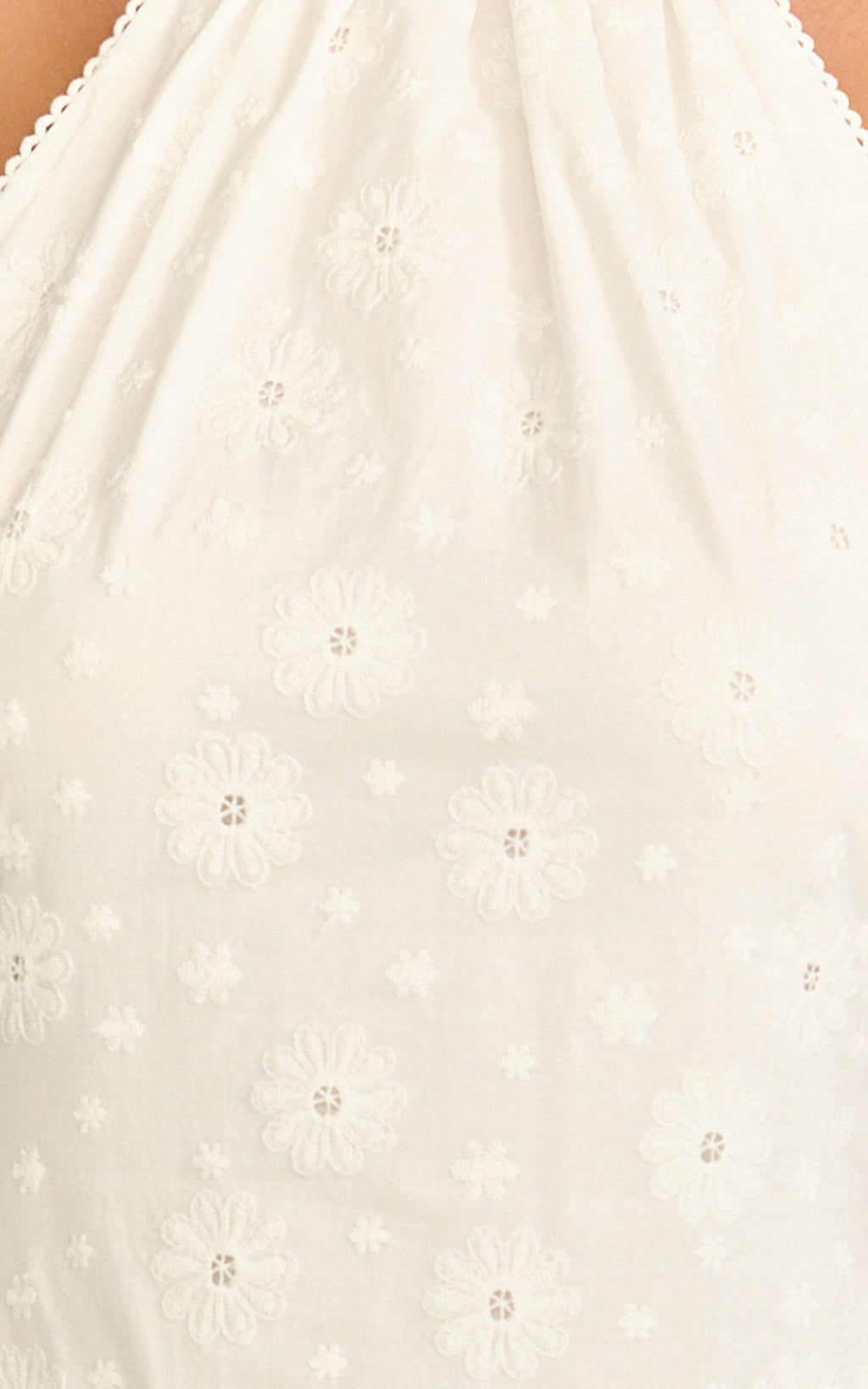 Lyra Mini Dress - Broderie Halter Neck Tie Drop V Waist Dress in White