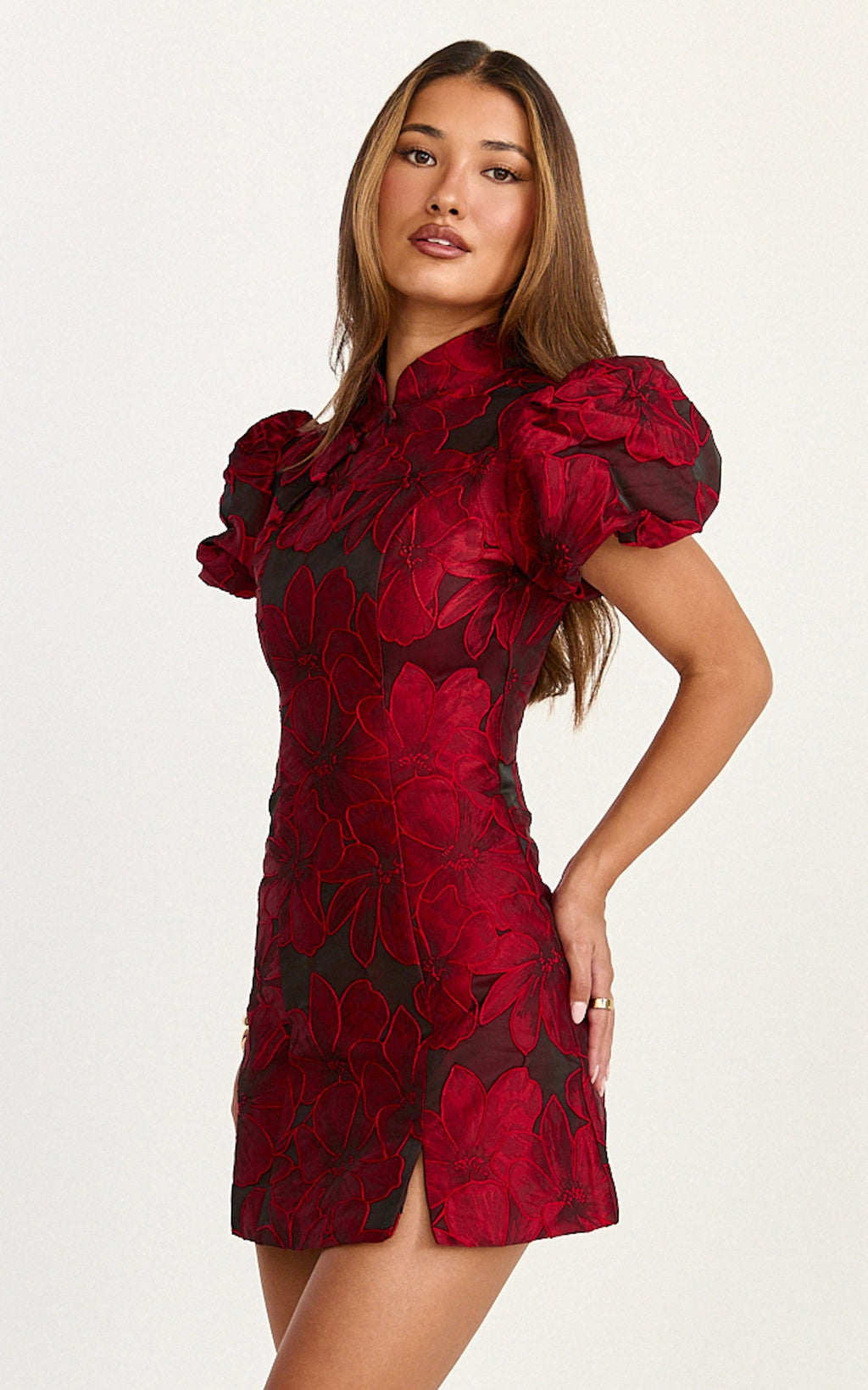 Mackay Mini Dress - Jacquard High Neck Puff Sleeve Dress in Wine