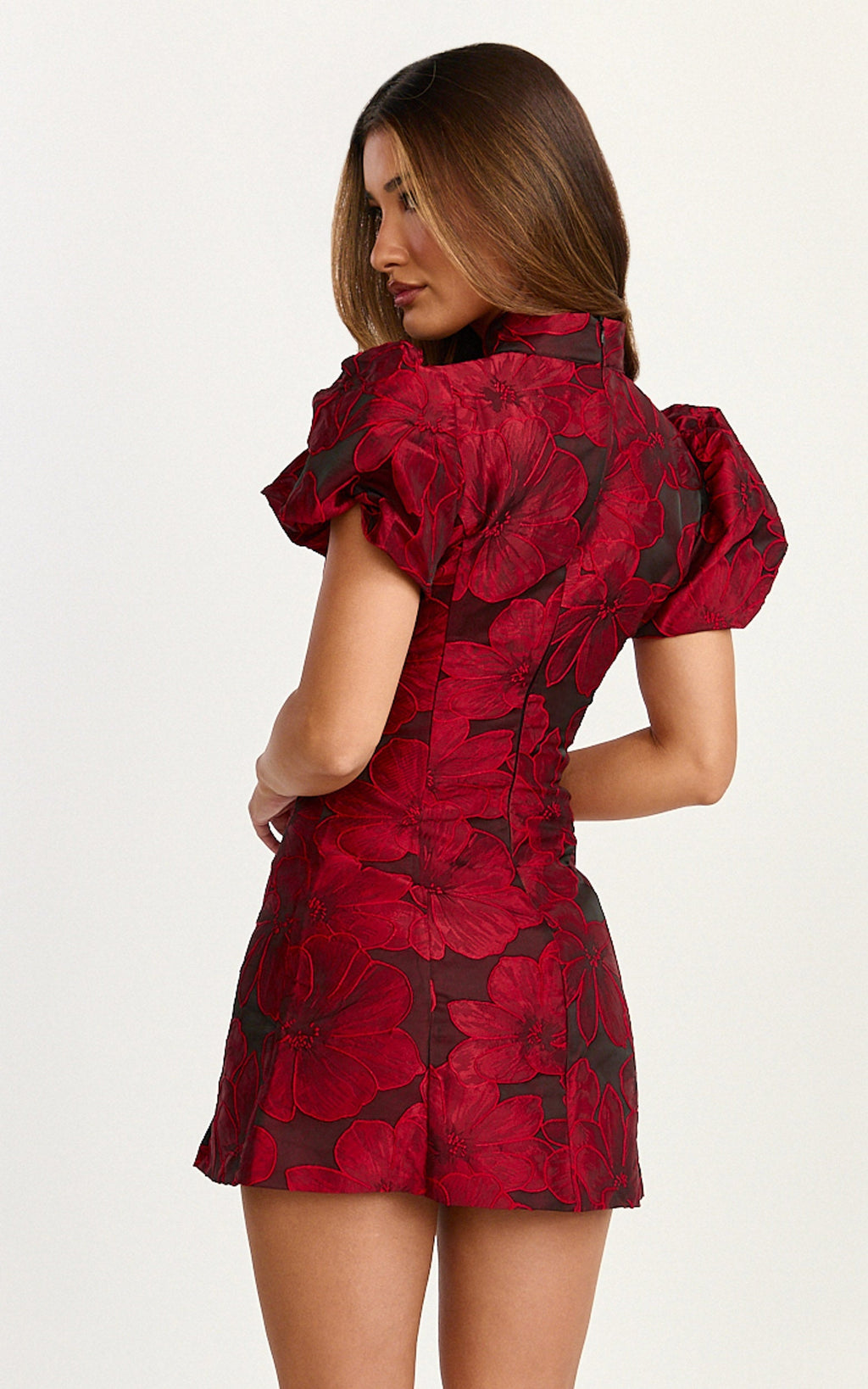 Mackay Mini Dress - Jacquard High Neck Puff Sleeve Dress in Wine