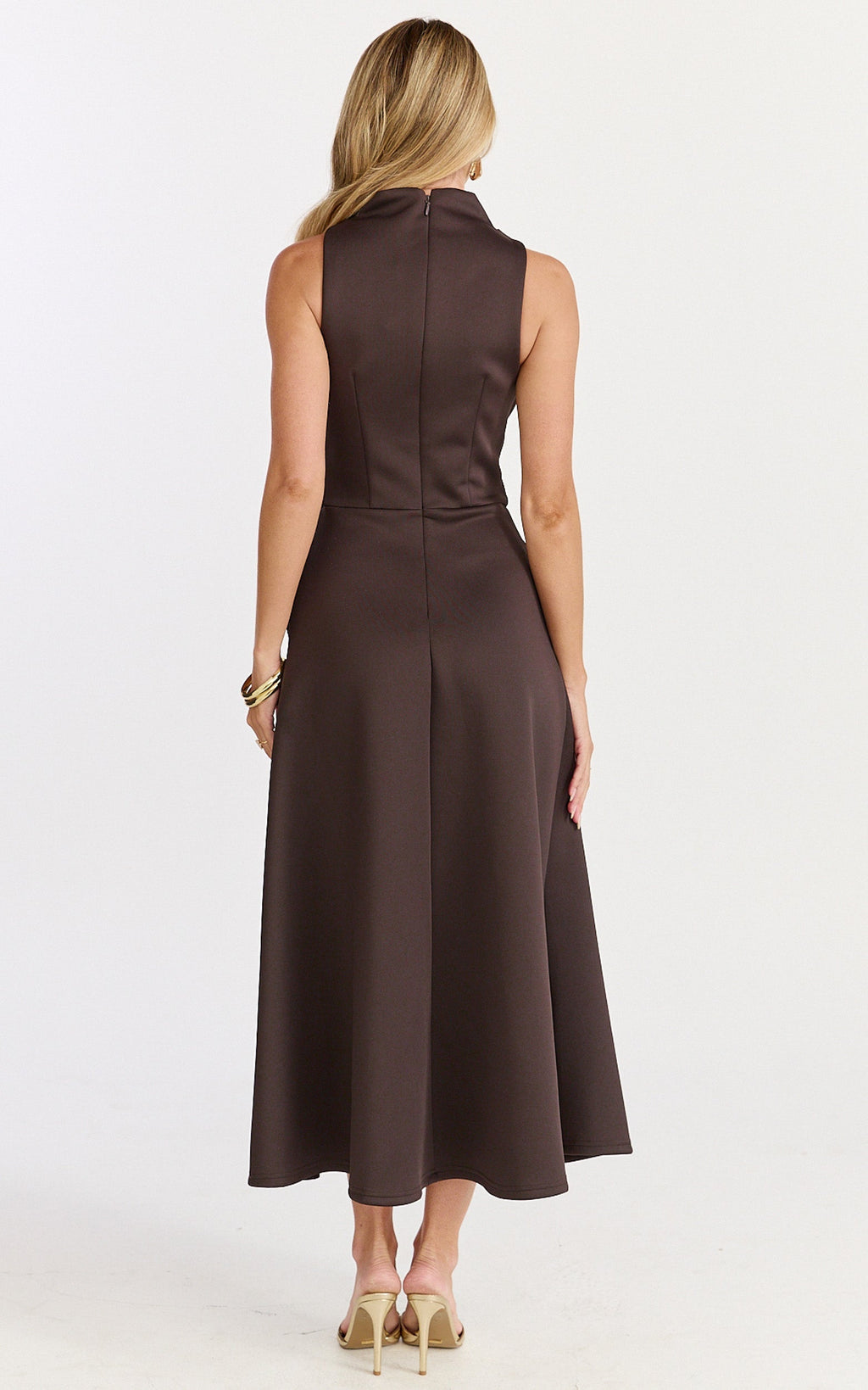 Macy Midi Dress - High Neck A Line Dress in Chocolate