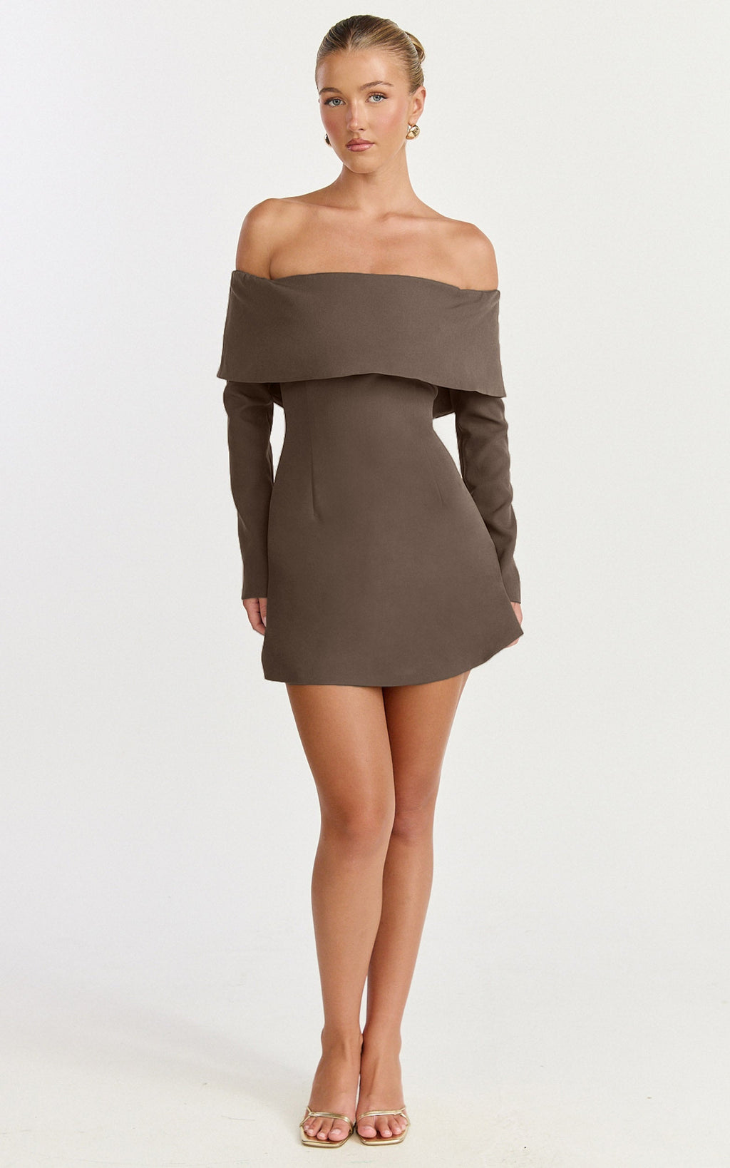 Marigold Mini Dress - Off Shoulder Long Sleeve Dress in Mocha