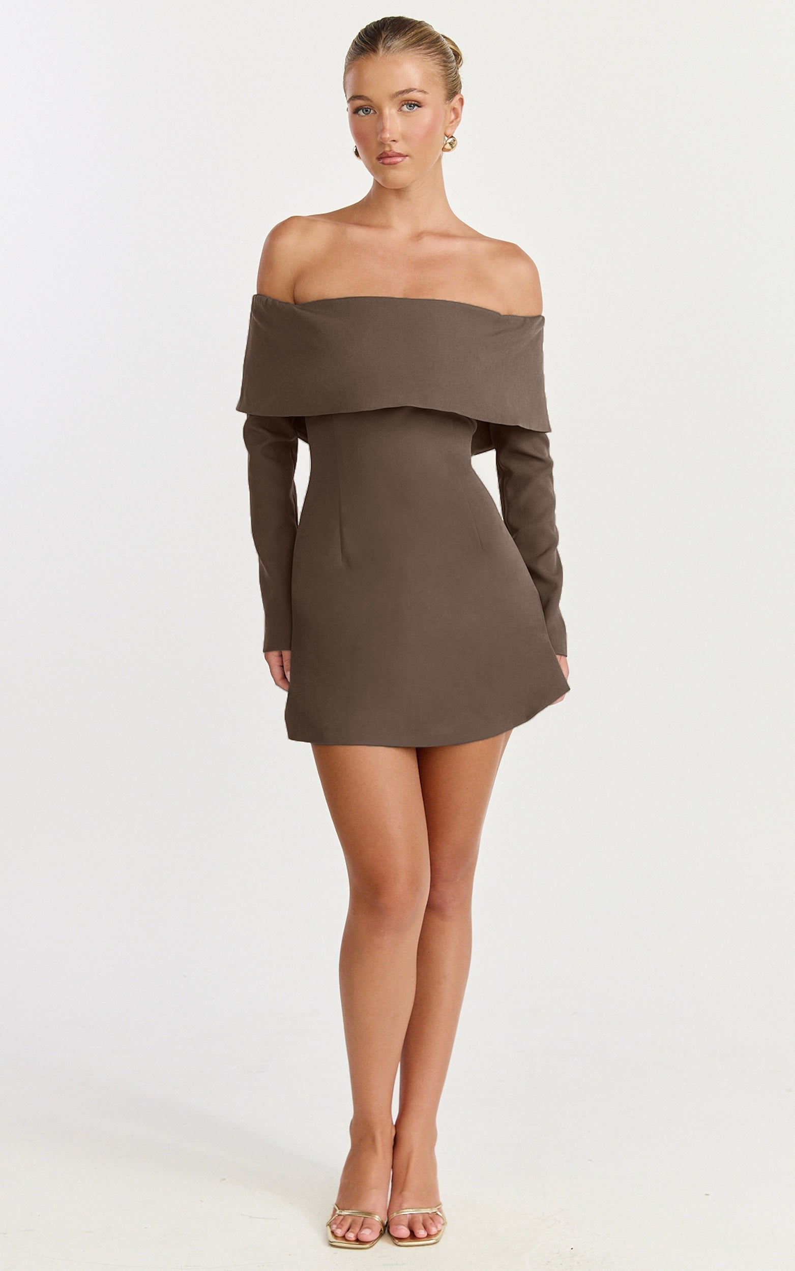 Marigold Mini Dress - Off Shoulder Long Sleeve Dress in Mocha