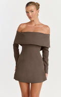 Marigold Mini Dress - Off Shoulder Long Sleeve Dress in Mocha