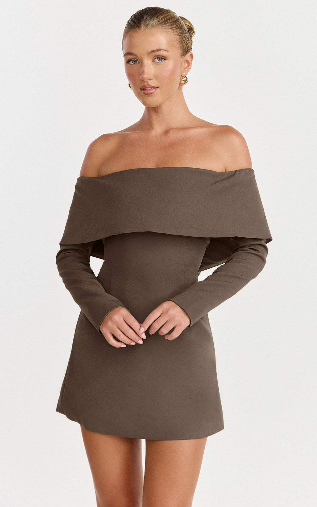 Marigold Mini Dress - Off Shoulder Long Sleeve Dress in Mocha
