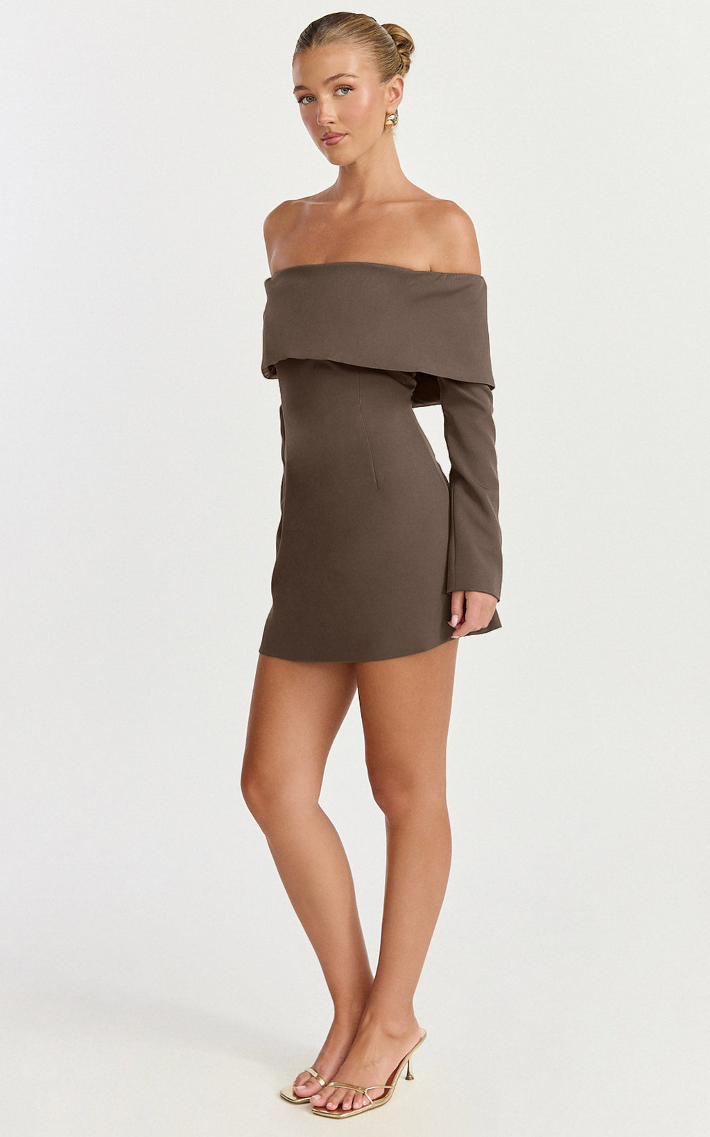 Marigold Mini Dress - Off Shoulder Long Sleeve Dress in Mocha