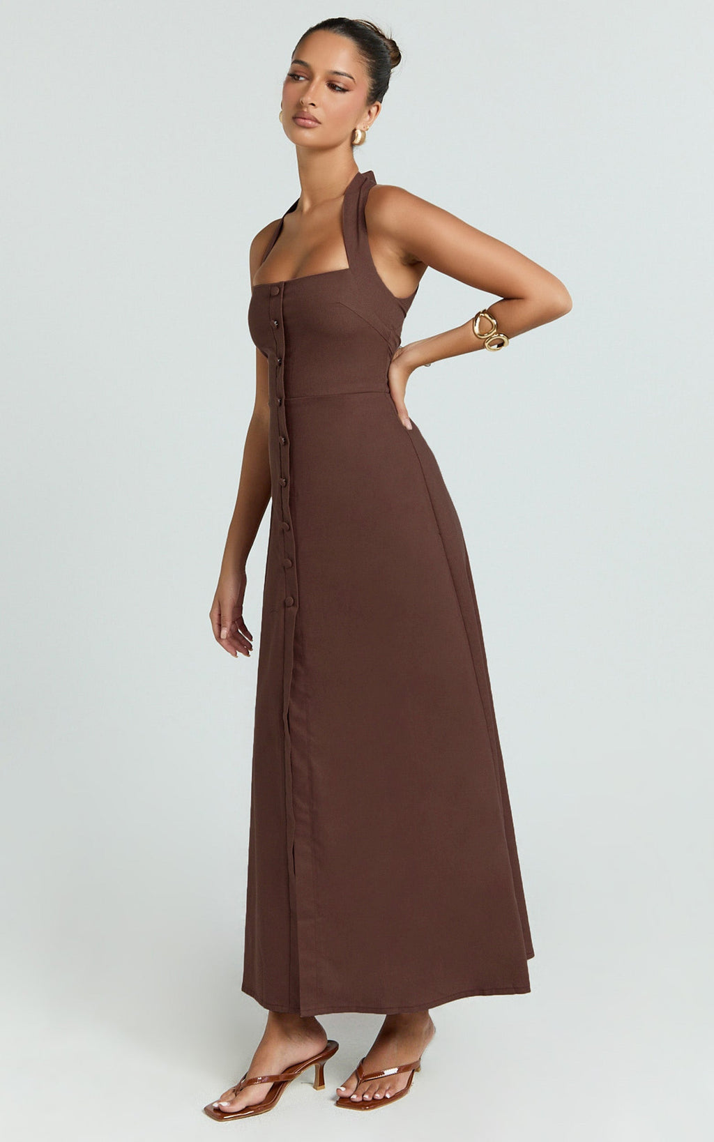 Marla Midi Dress - Square Neck Button Front Shift Dress in Chocolate
