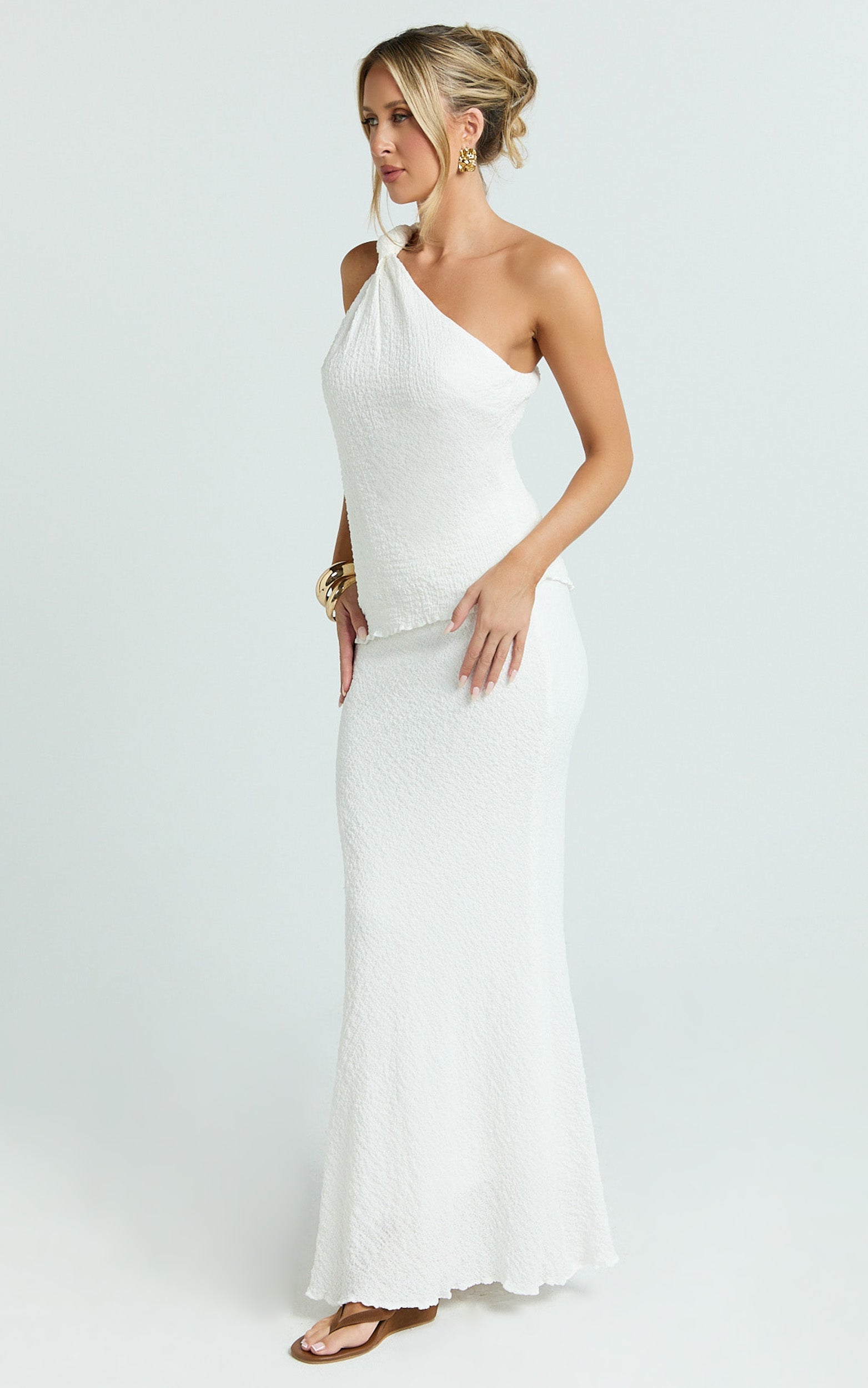 Mila Two Piece Set - One Shoulder Knot Top and Maxi Skirt Set in White