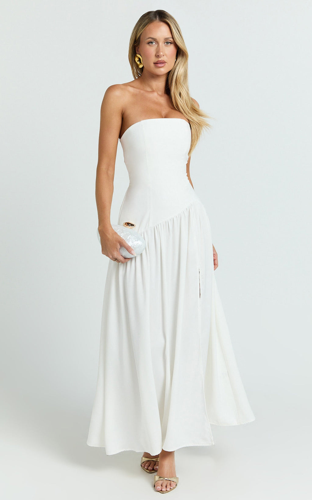 Nadiane Midi Dress - Strapless Asymmetric Drop Waist Dress in Off White