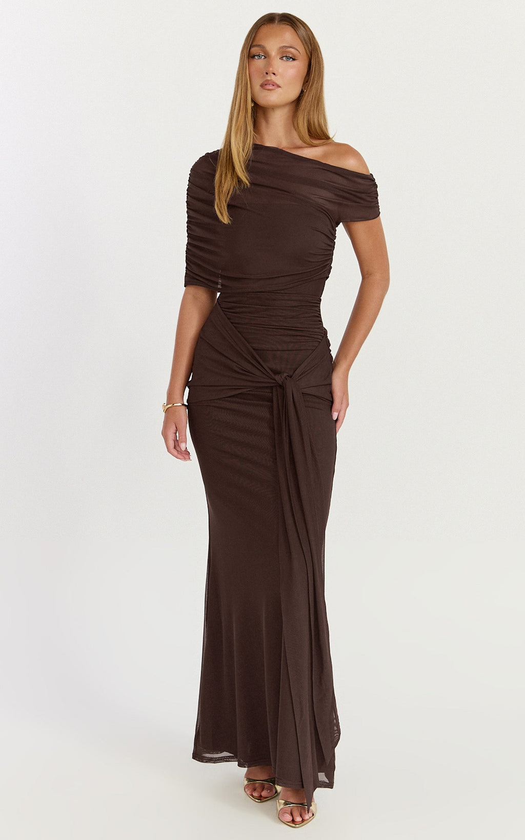 Nicolette Maxi Dress - Cape Sleeve Off Shoulder Dress in Chocolate