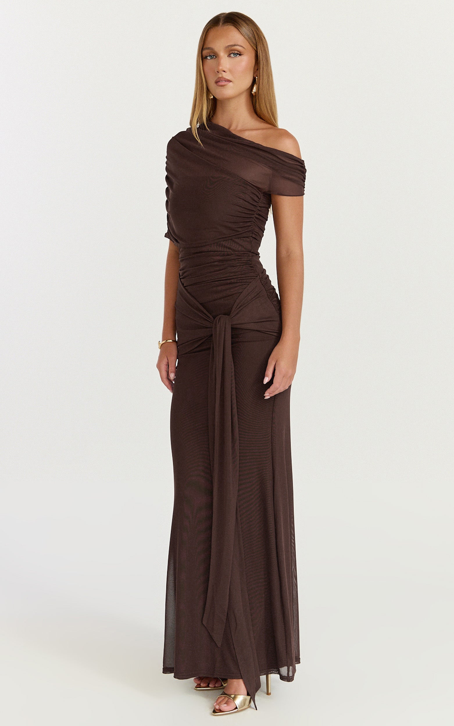Nicolette Maxi Dress - Cape Sleeve Off Shoulder Dress in Chocolate