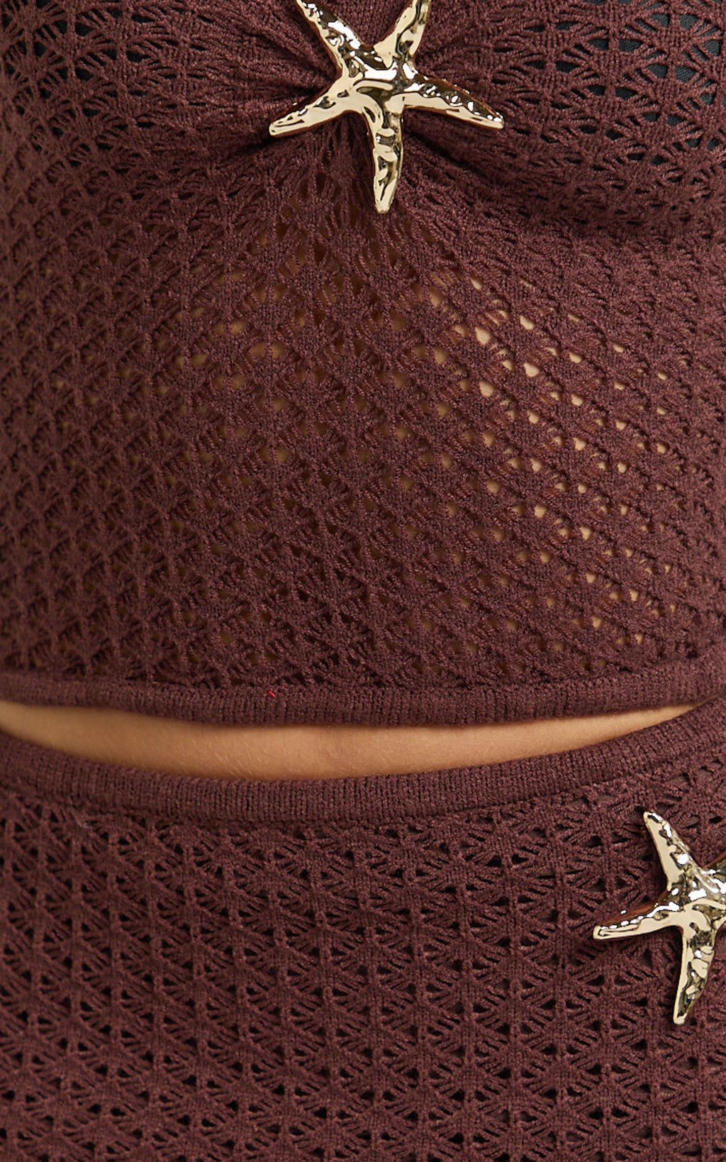 Noa Two Piece Set - Knit Starfish Strapless Top and Maxi Skirt Set in Brown