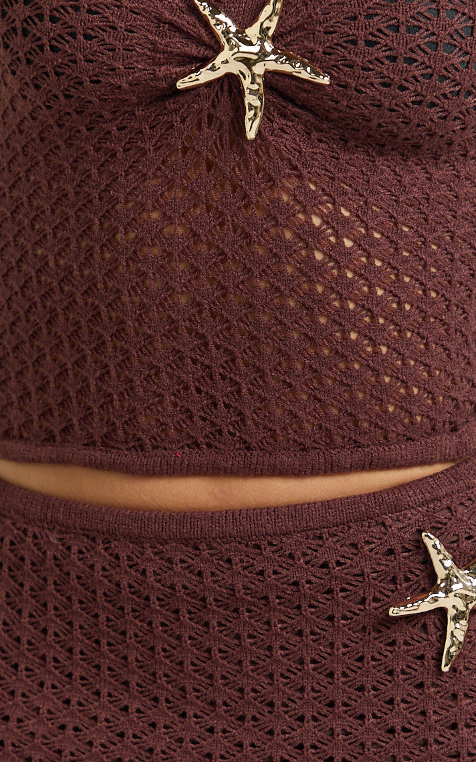 Noa Two Piece Set - Knit Starfish Strapless Top and Maxi Skirt Set in Brown