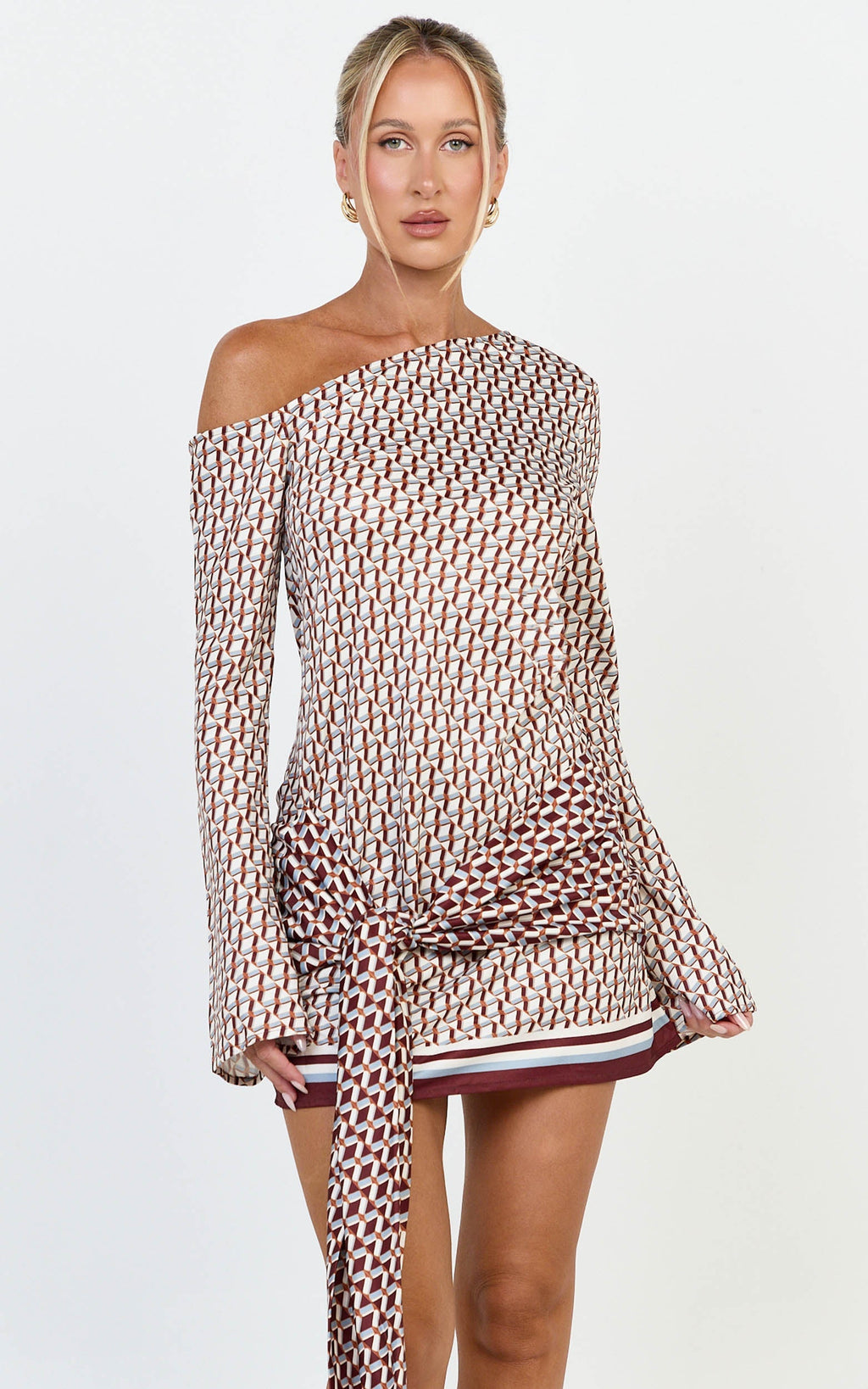 Noelle Mini Dress - Geo Print Off Shoulder Tie Front Dress in Geo Border Print