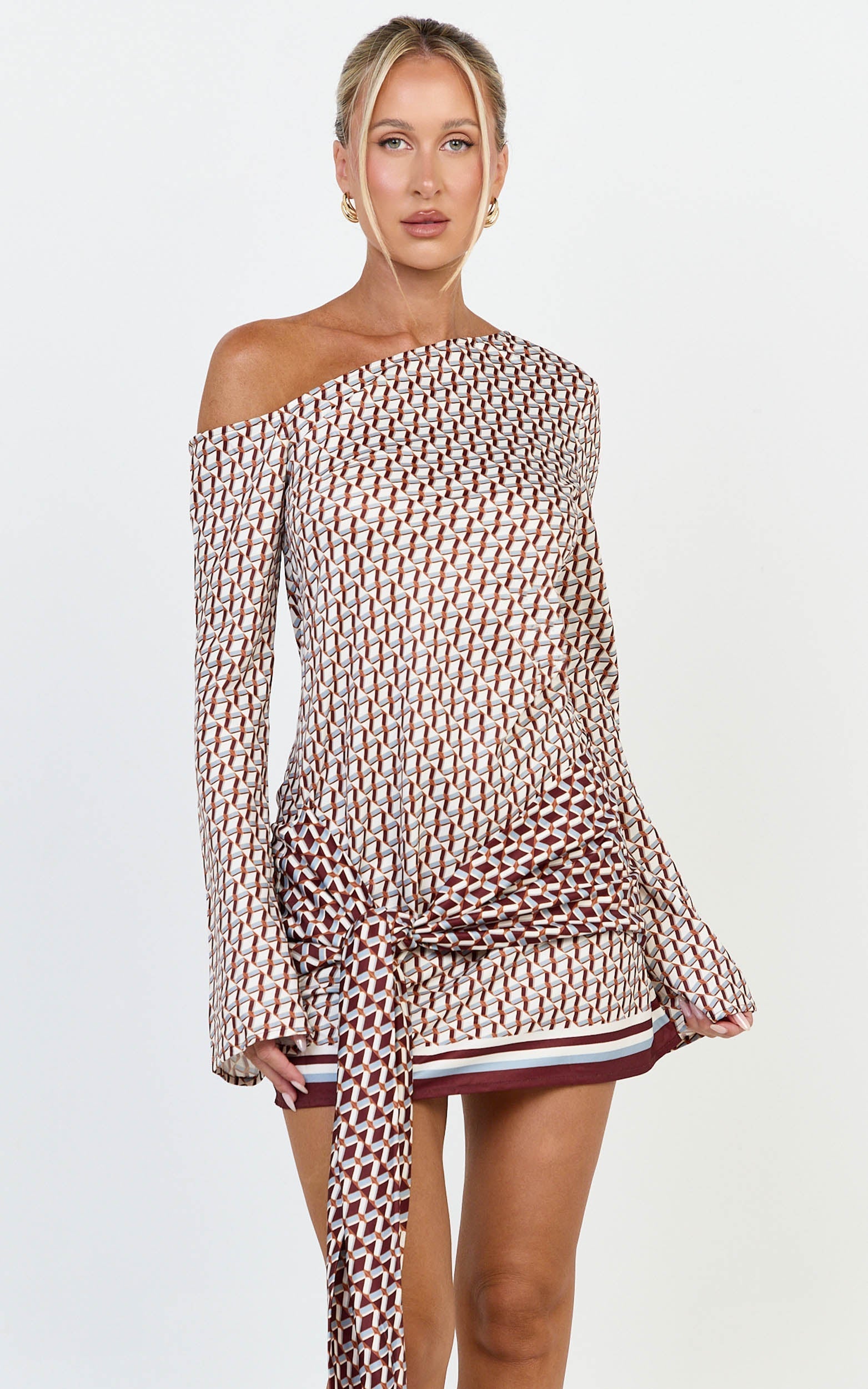 Noelle Mini Dress - Geo Print Off Shoulder Tie Front Dress in Geo Border Print