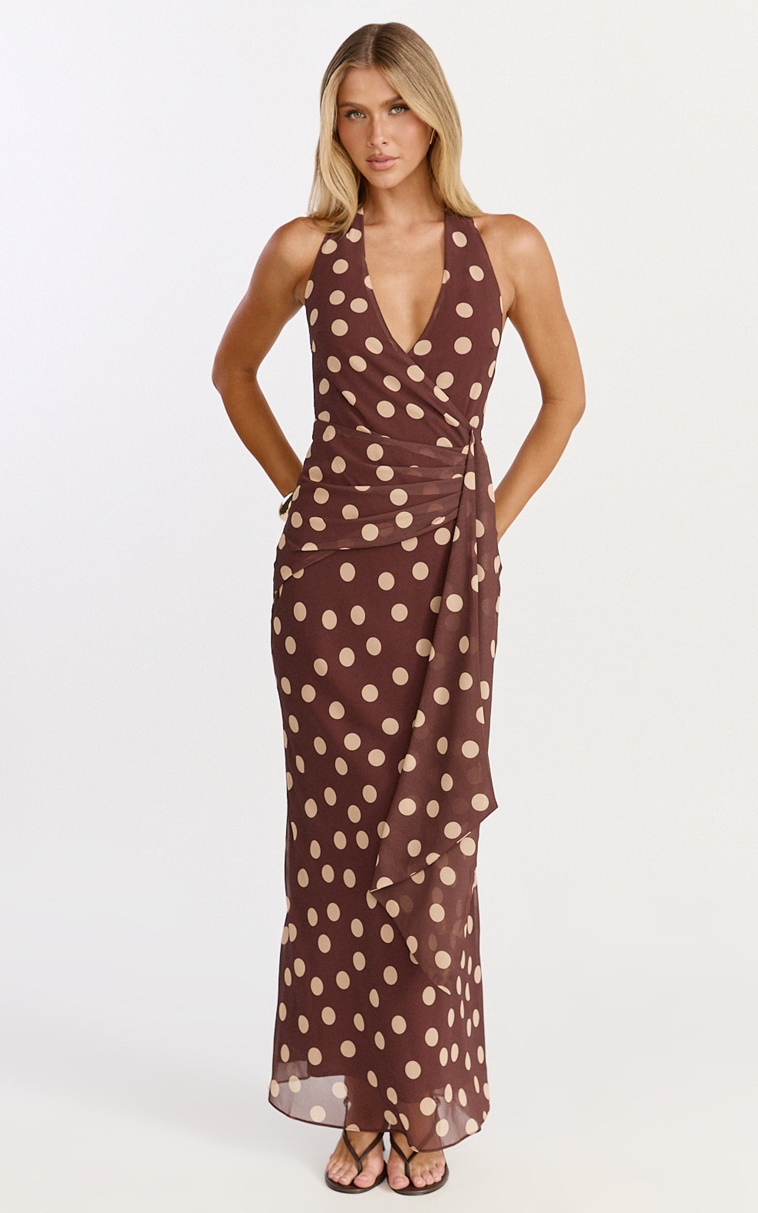 Nola Midi Dress - Polkadot Halter Dress in Choc Polka